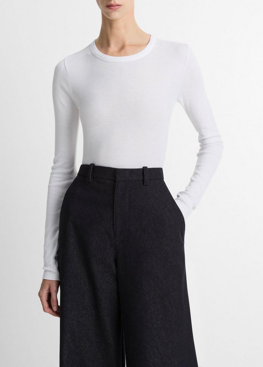 Women's Essential Pima Cotton-Blend Long-Sleeve T-Shirt, Optic White, Size L Vince