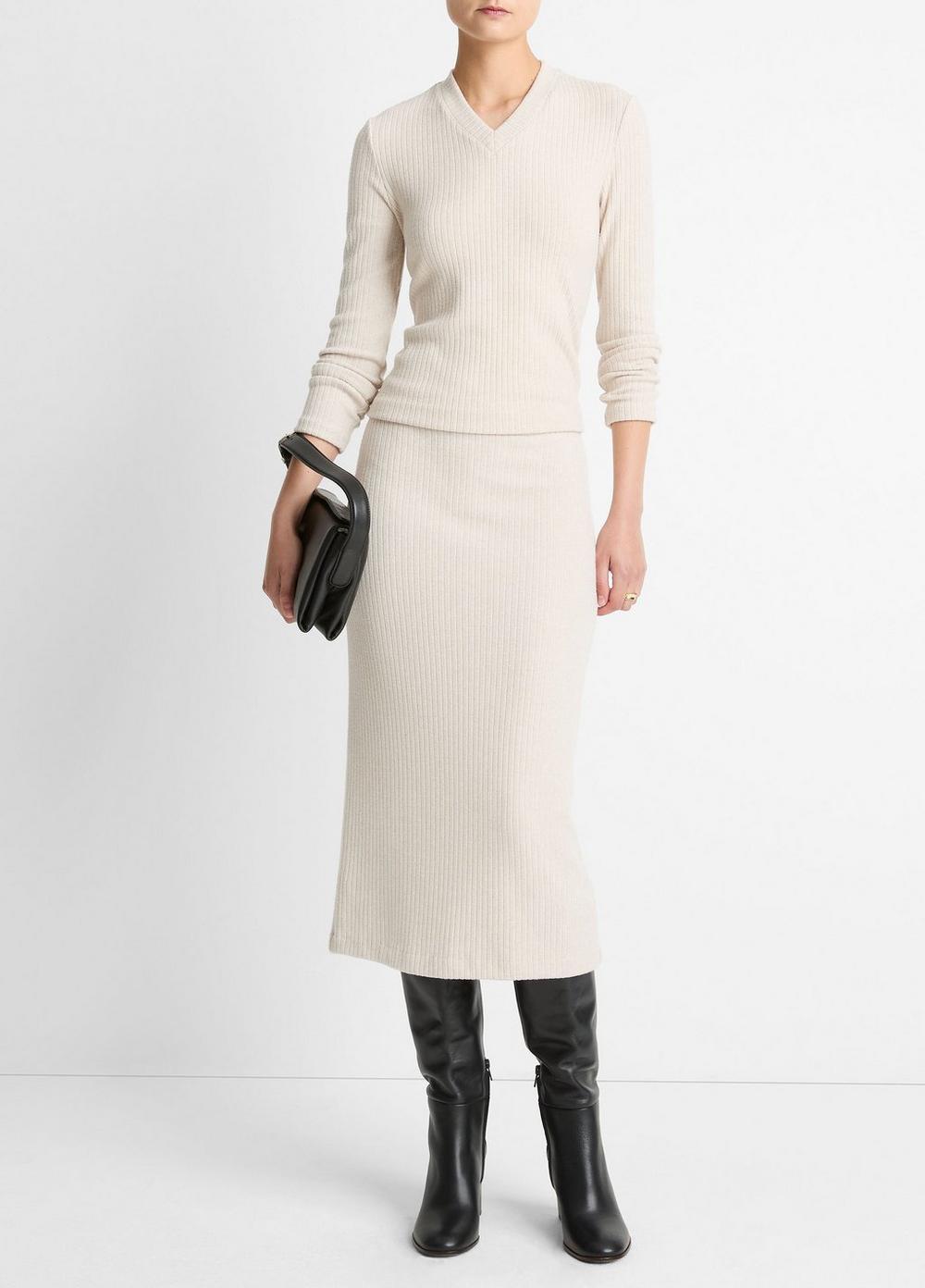 Women's Cozy Rib Midi Skirt, Heather Cream Oat, Size M Vince