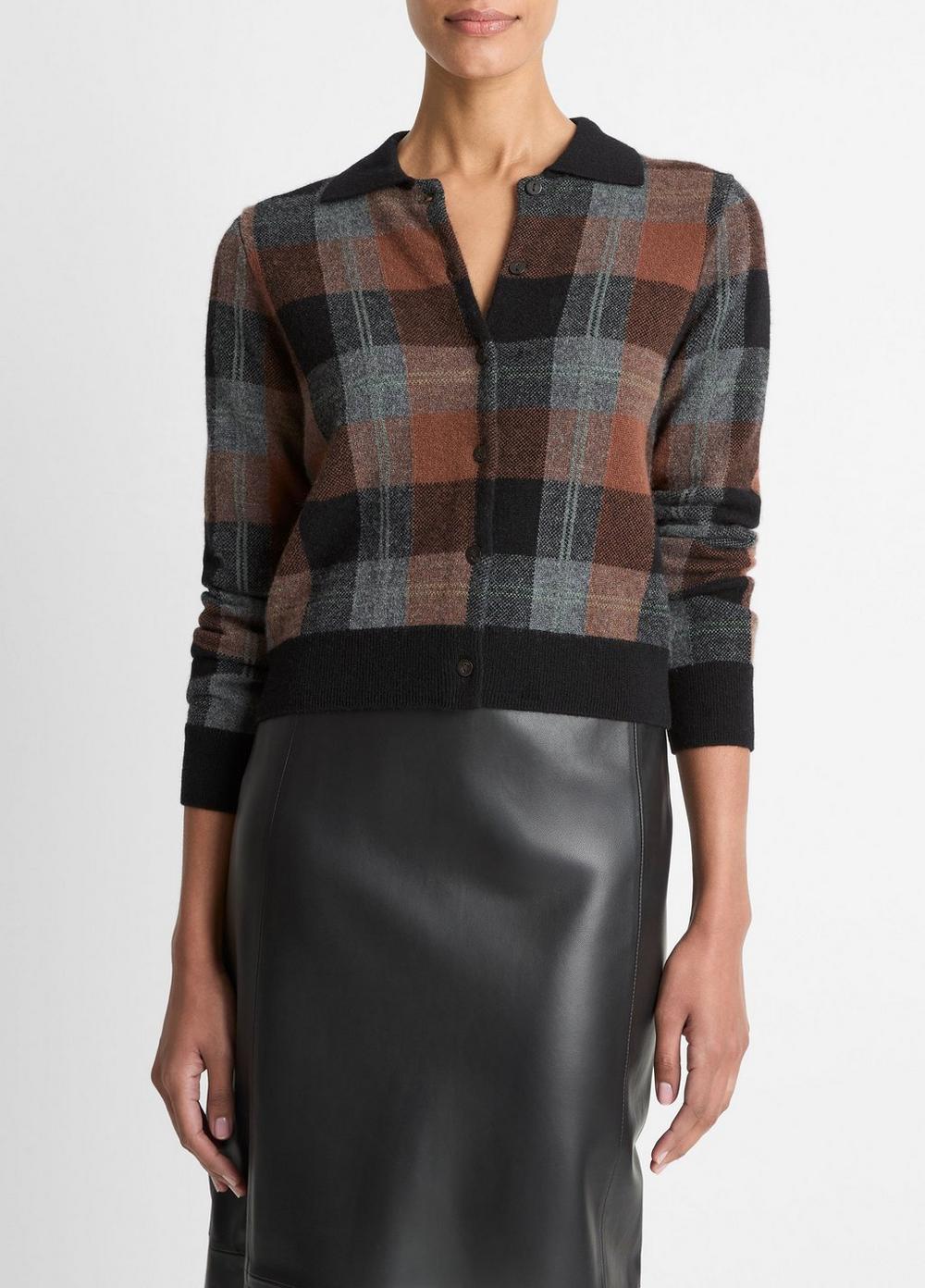 Women's Checked Plaid Cashmere Polo Cardigan, Cacao/dark Heather Pewter/black Combo, Size L Vince