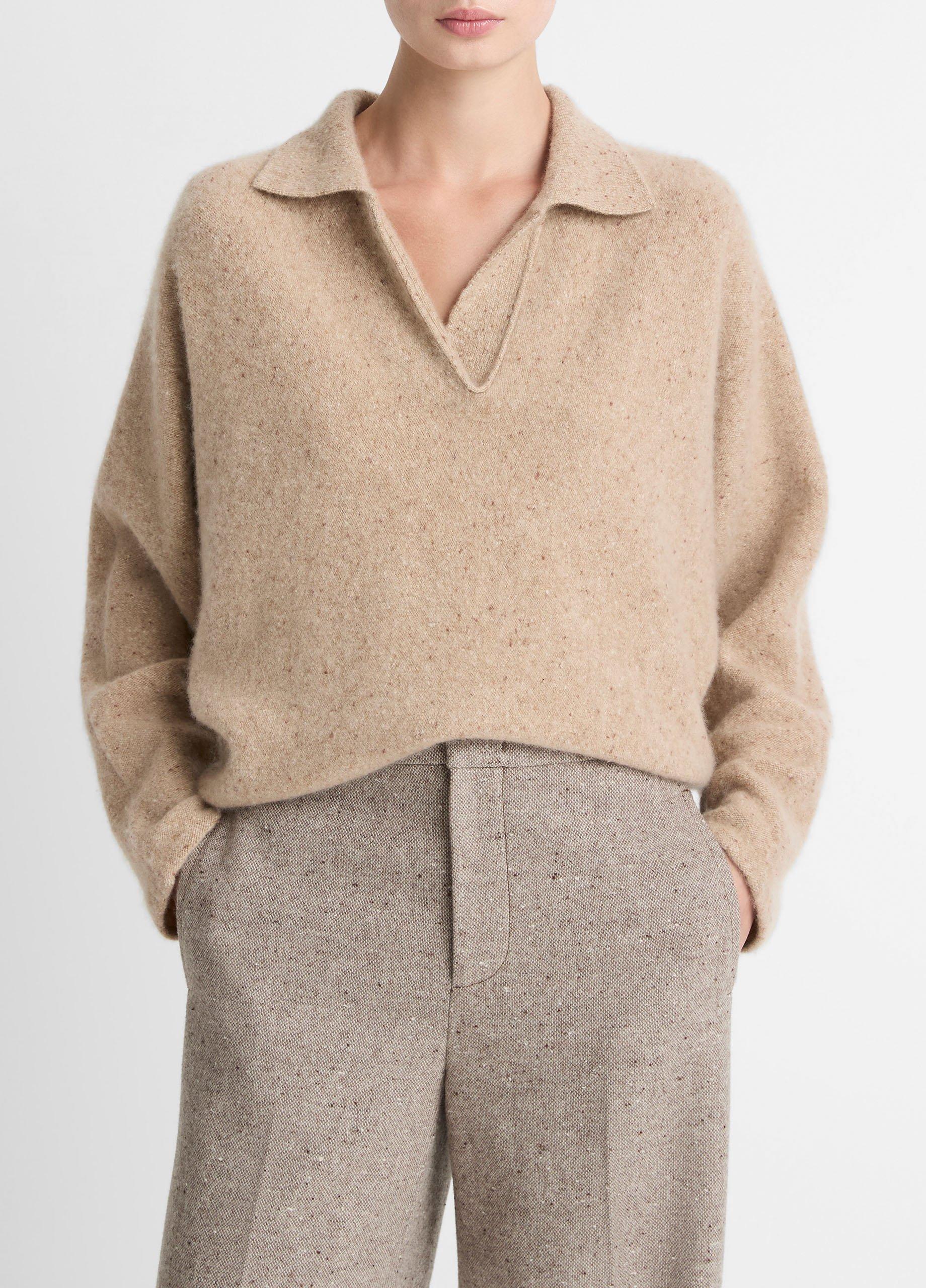 Women's Donegal Plush Cashmere Dolman-Sleeve Polo Sweater, Heather Oat Donegal, Size XL Vince