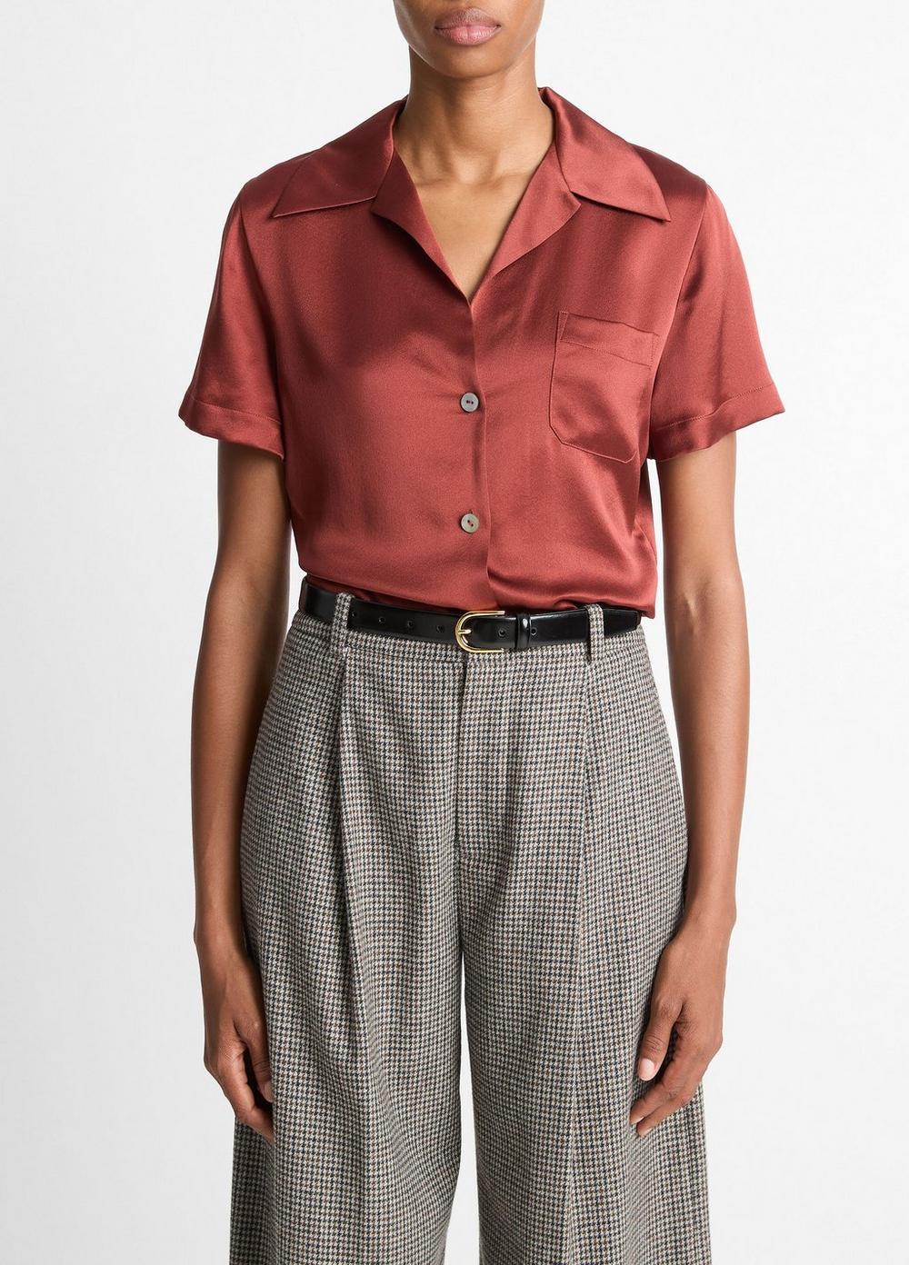 Women's Silk Short-Sleeve Button-Front Shirt, Siena, Size L Vince