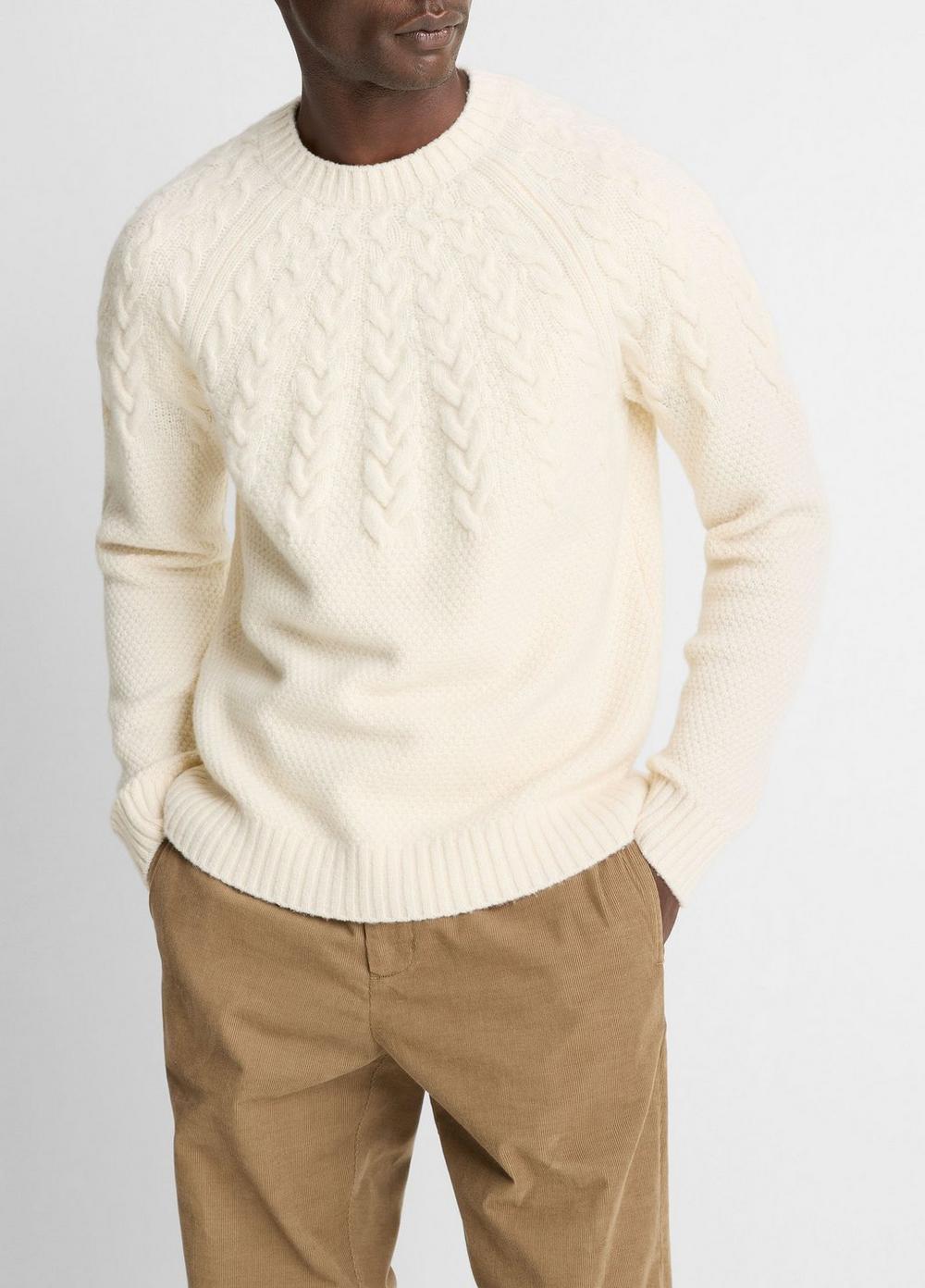 Men's Airspun Merino Wool Cable-yoke Sweater, Light Dune, Size XL Vince