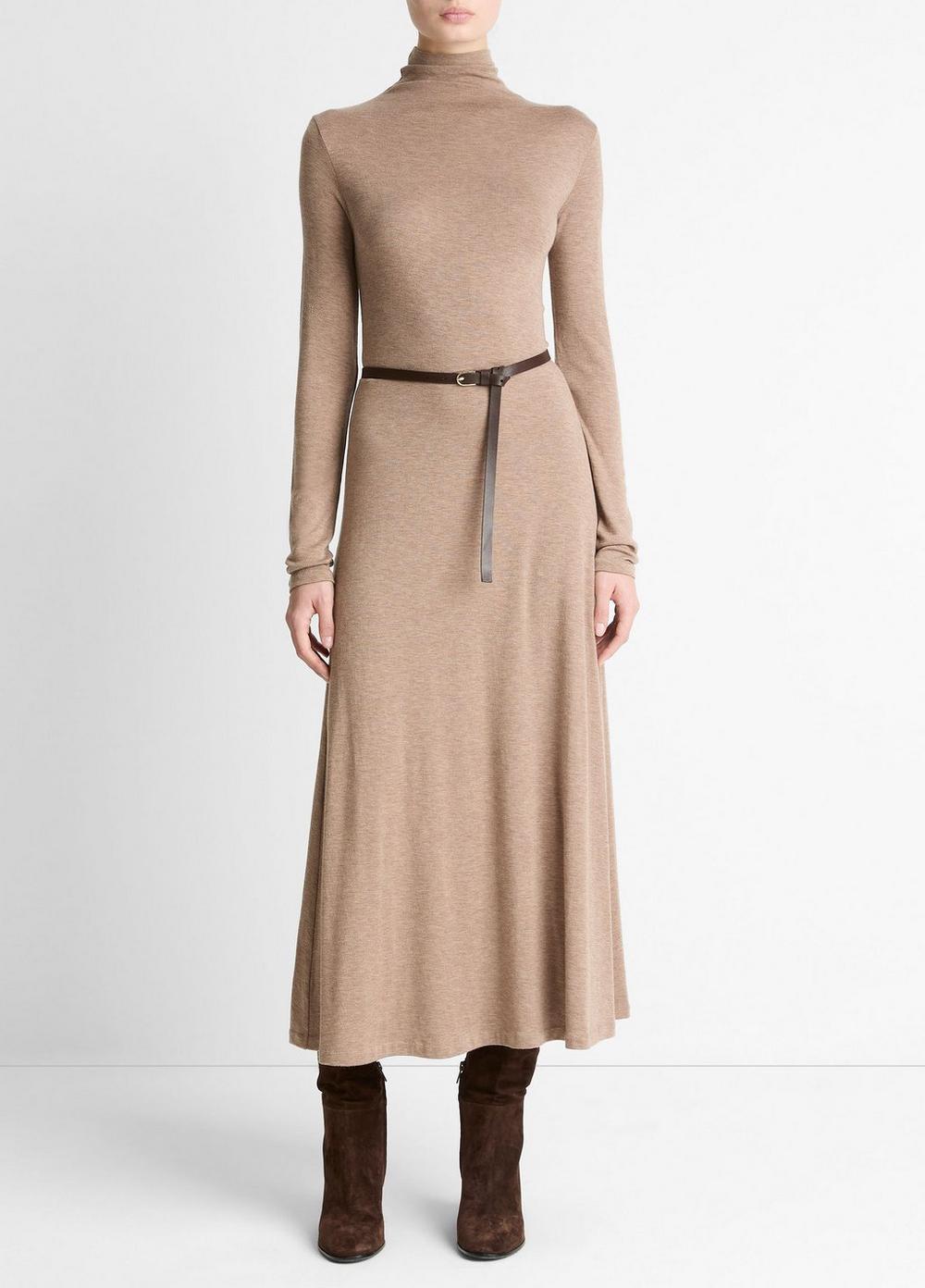 Women's Cozy Jersey Funnel-Neck Long-Sleeve Dress, Heather Doe, Size M Vince