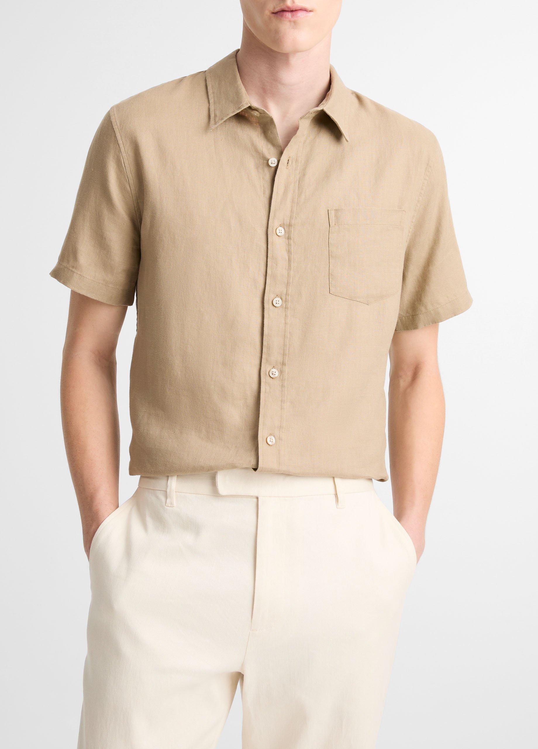 Men's Linen Short-Sleeve Shirt, Teak, Size XL Vince by Vince