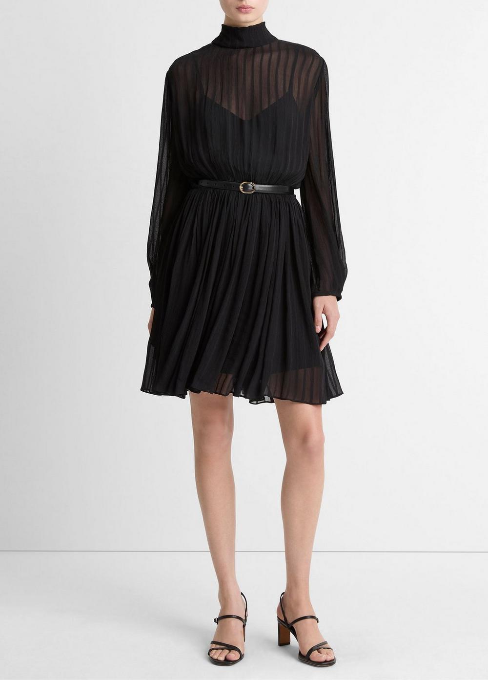 Women's Crinkle Stripe Mock-Neck Dress, Black, Size XL Vince