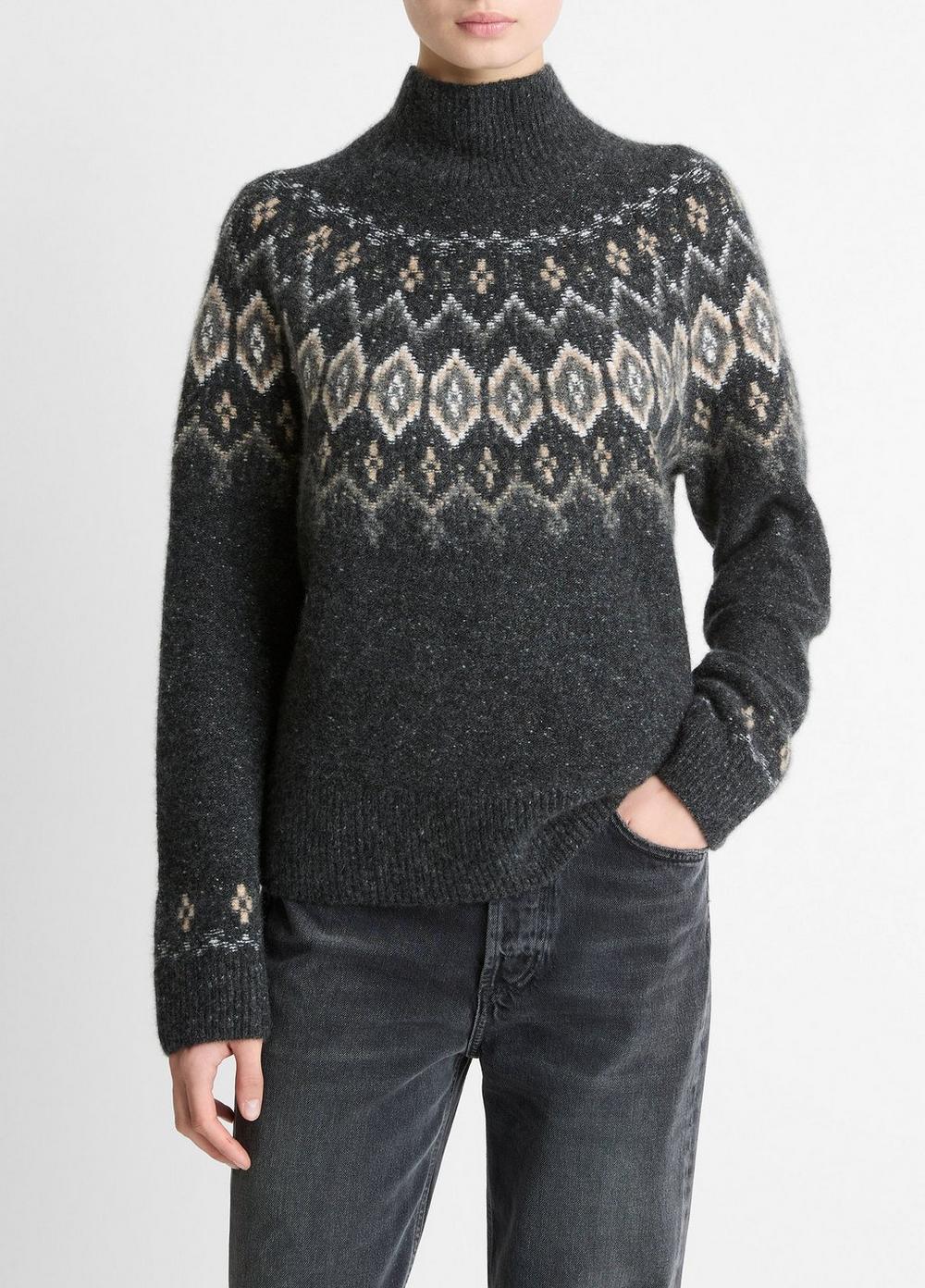 Women's Fair Isle Donegal Cashmere Turtleneck Sweater, Heather Charcoal Combo, Size XL Vince