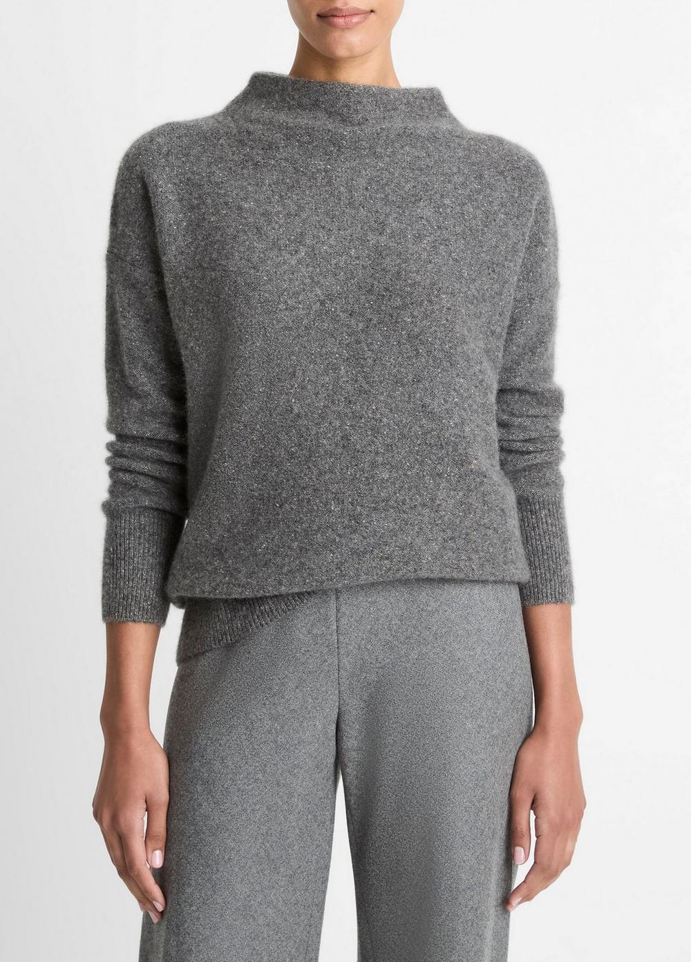 Women's Donegal Cashmere Funnel-Neck Sweater, Medium Heather Grey Donegal, Size XS Vince