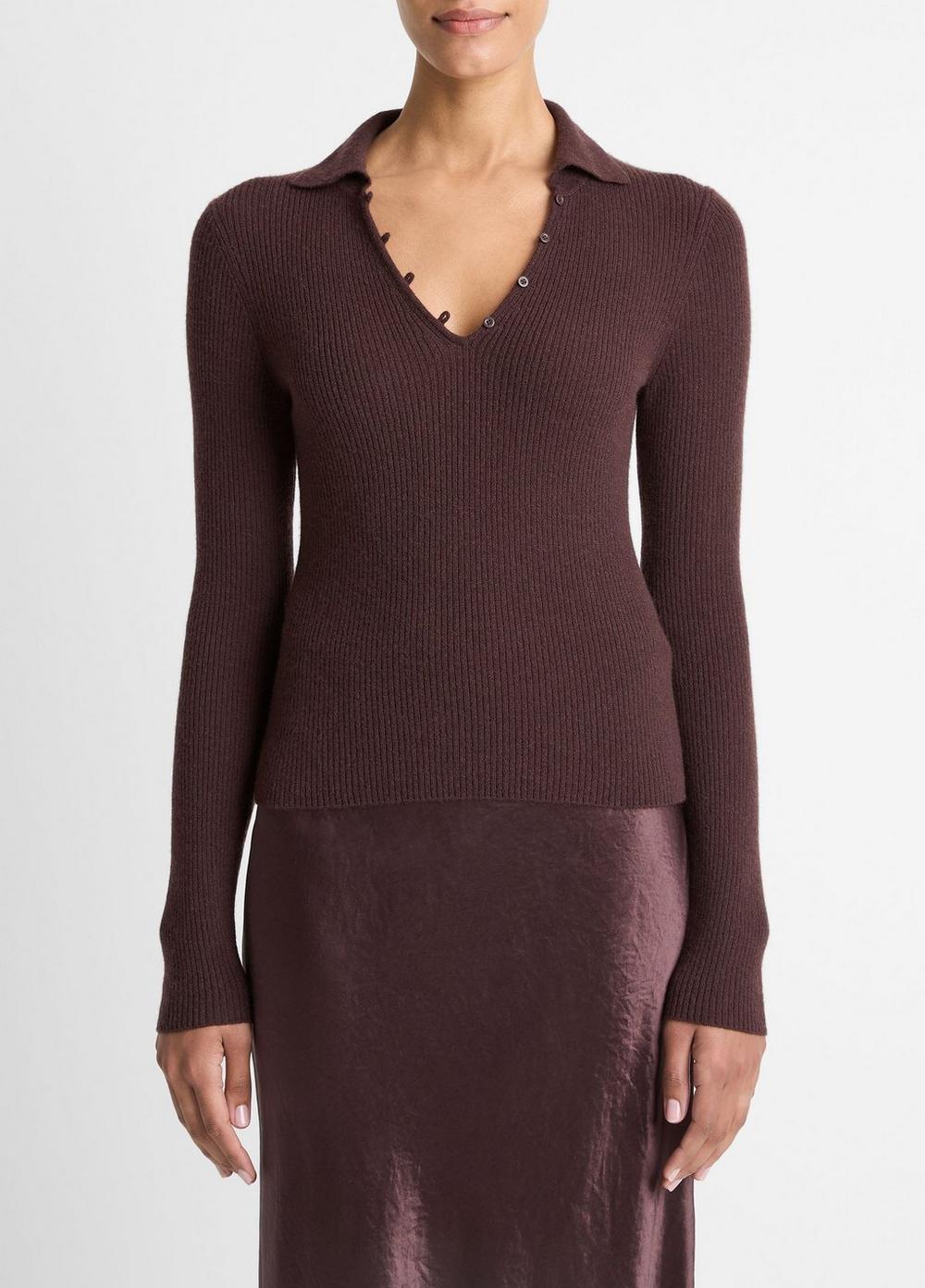 Women's Ribbed Cashmere-Silk Polo Sweater, Fig, Size L Vince
