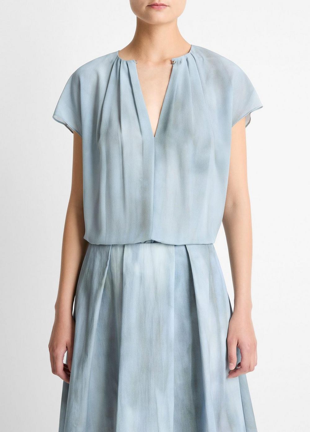 Women's Washed Ombré Silk Gathered Cap-Sleeve Blouse, Azura Wash, Size M Vince