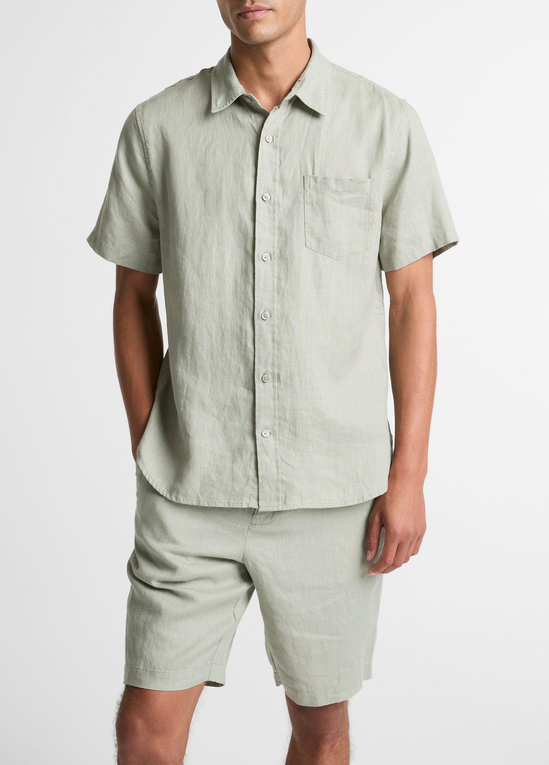 Men's Linen Short-Sleeve Shirt, Matcha, Size XL Vince