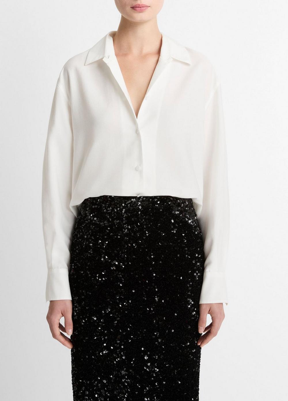 Women's Refined Twill Covered-button Shirt, Light Cream, Size XXS Vince