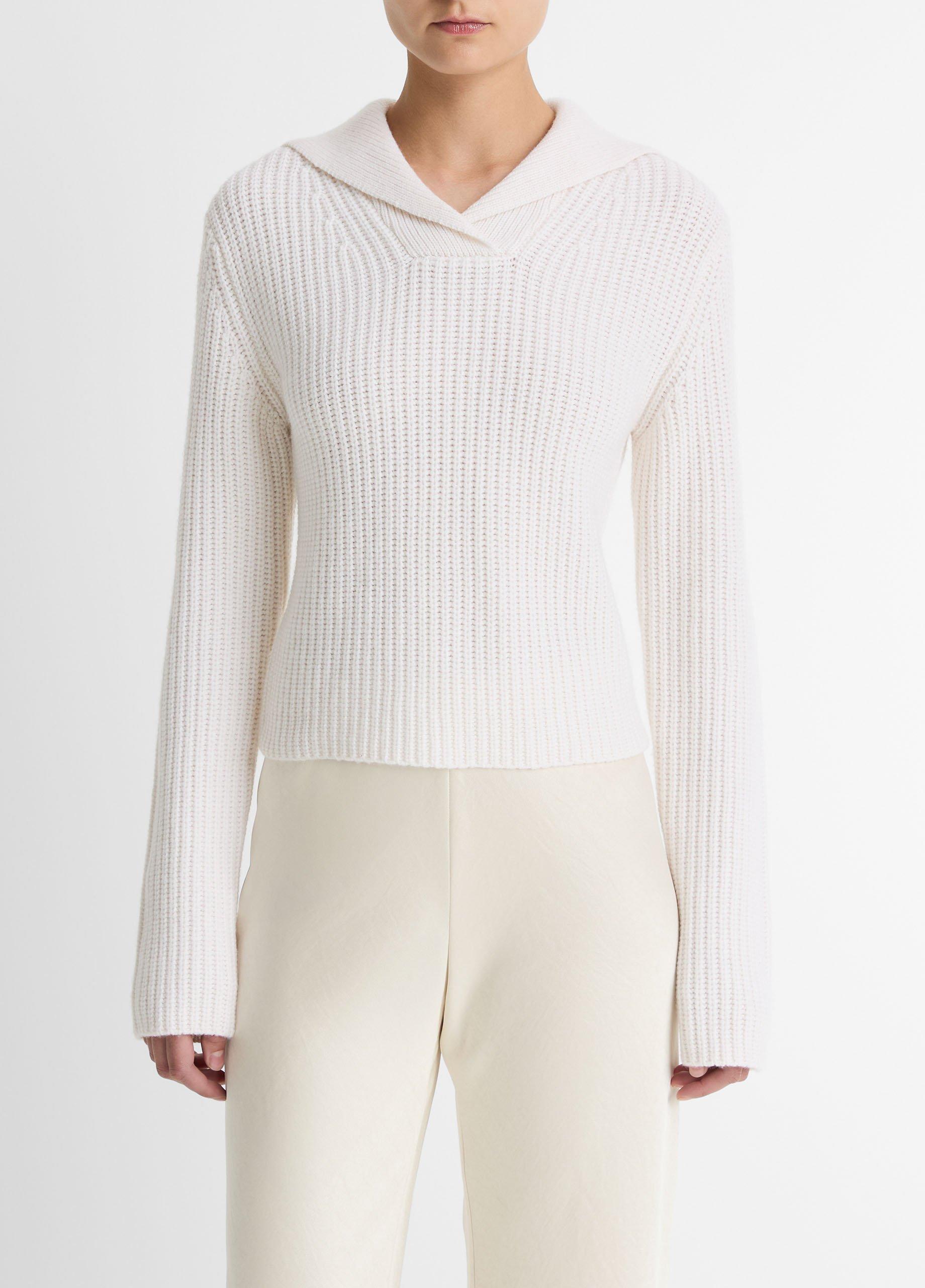 Women's Ribbed Wool-Cashmere Sailor-Collar Sweater, Off White, Size L Vince