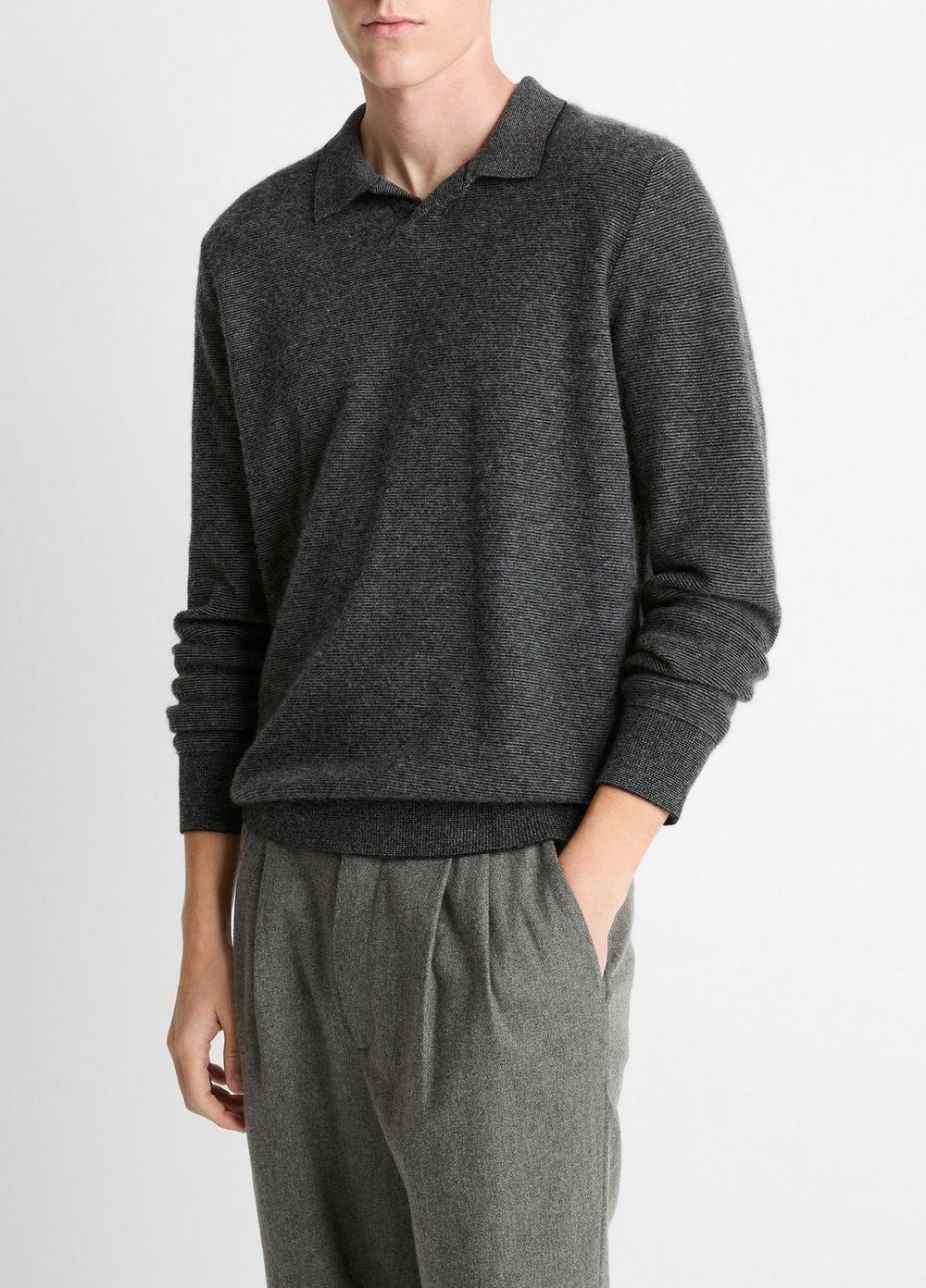 Men's Feed Stripe Plush Cashmere Johnny-Collar Sweater, Black/medium Heather Grey, Size S Vince