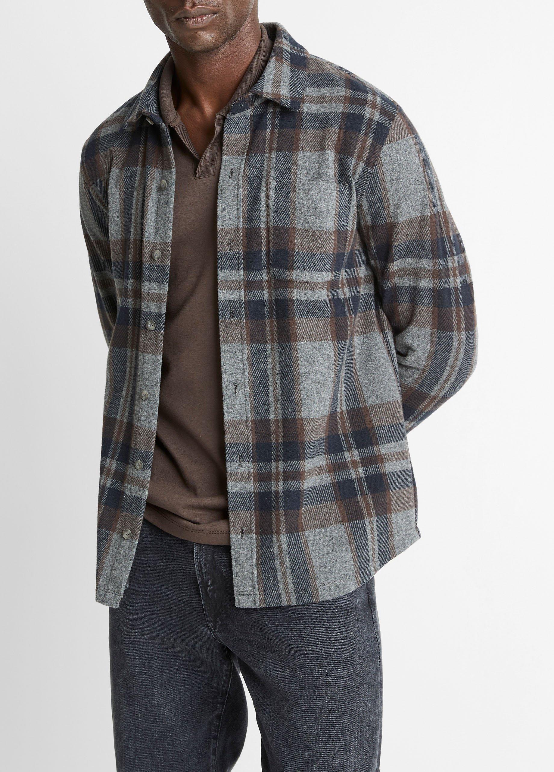 Men's Plaid Cotton-Blend Shirt Jacket, Medium Heather Grey Combo, Size M Vince