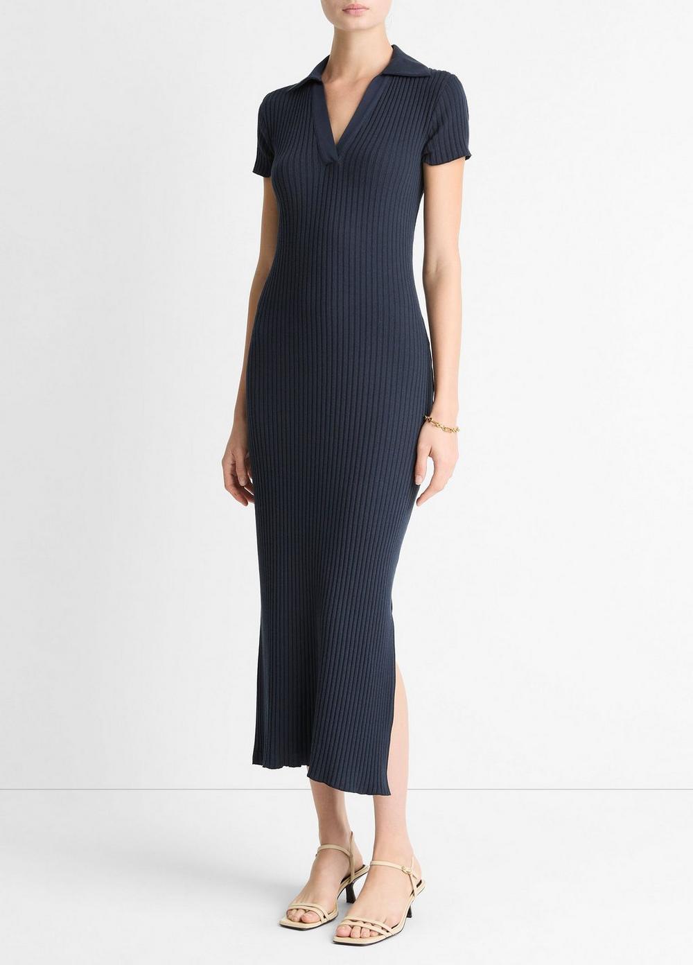 Women's Ribbed Cotton-Blend Polo Dress, Coastal Blue, Size XL Vince