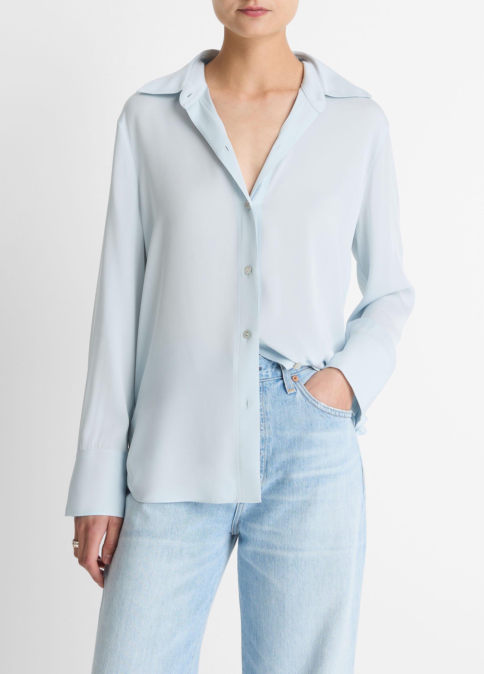 Women's Stretch-Silk Button-Front Blouse, Glacier, Size L Vince