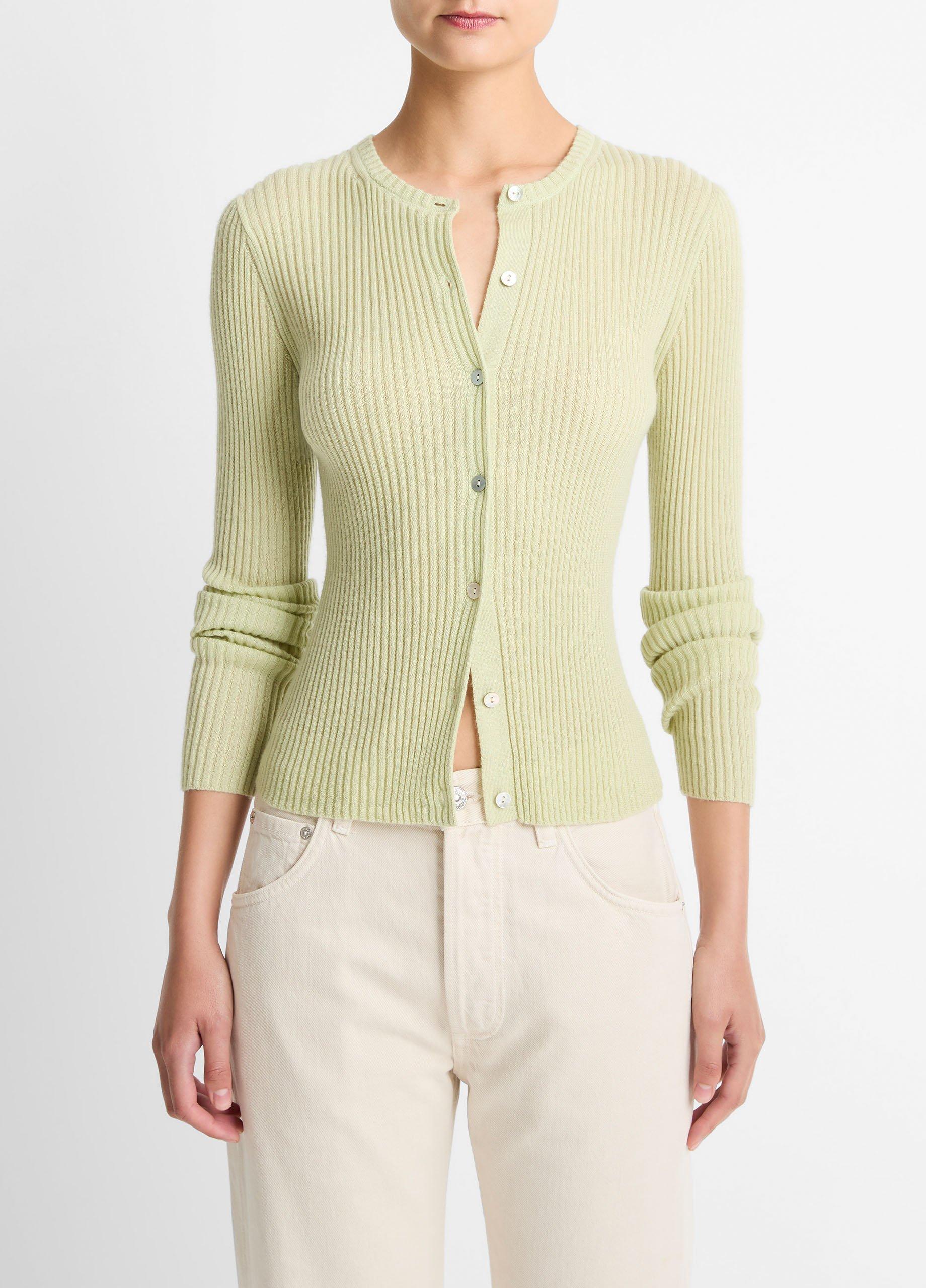 Women's Ribbed Cashmere-Silk Cardigan, Pale Fern, Size S Vince