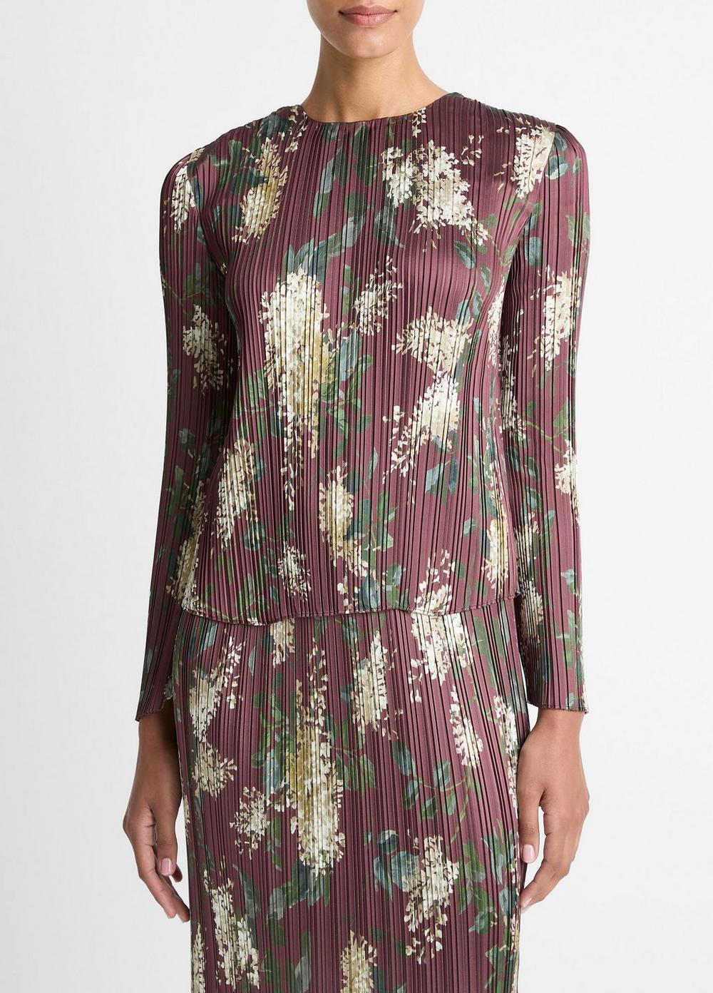 Women's Lilac-Print Micro-Pleated Satin Top, Dark Bordeaux, Size L Vince