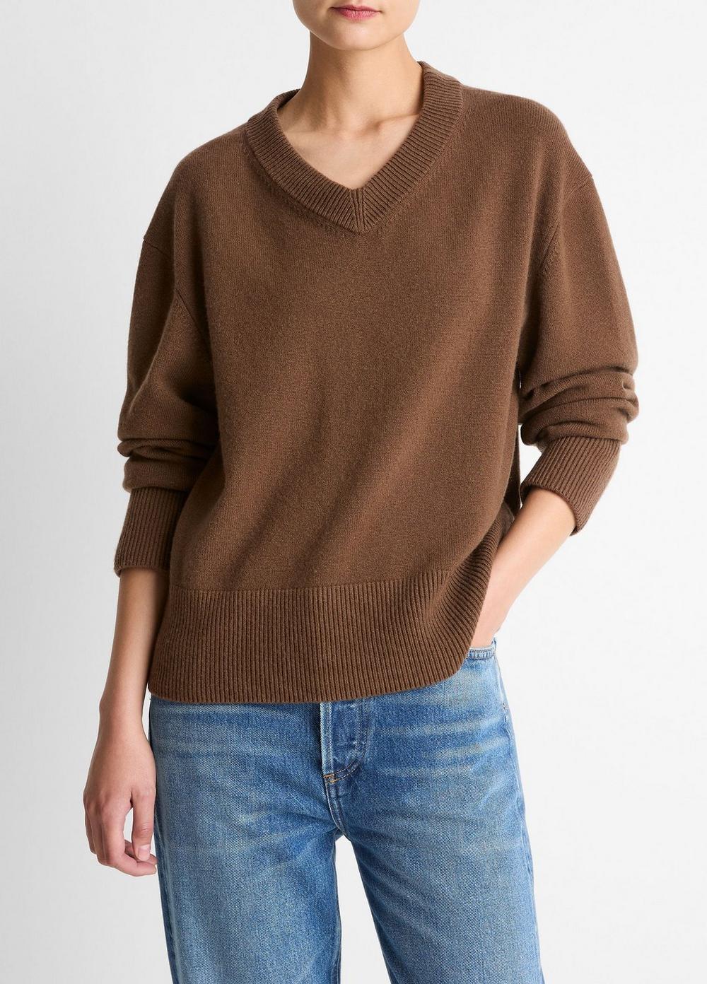 Women's Wool-Cashmere V-Neck Sweater, Hazelnut, Size S Vince