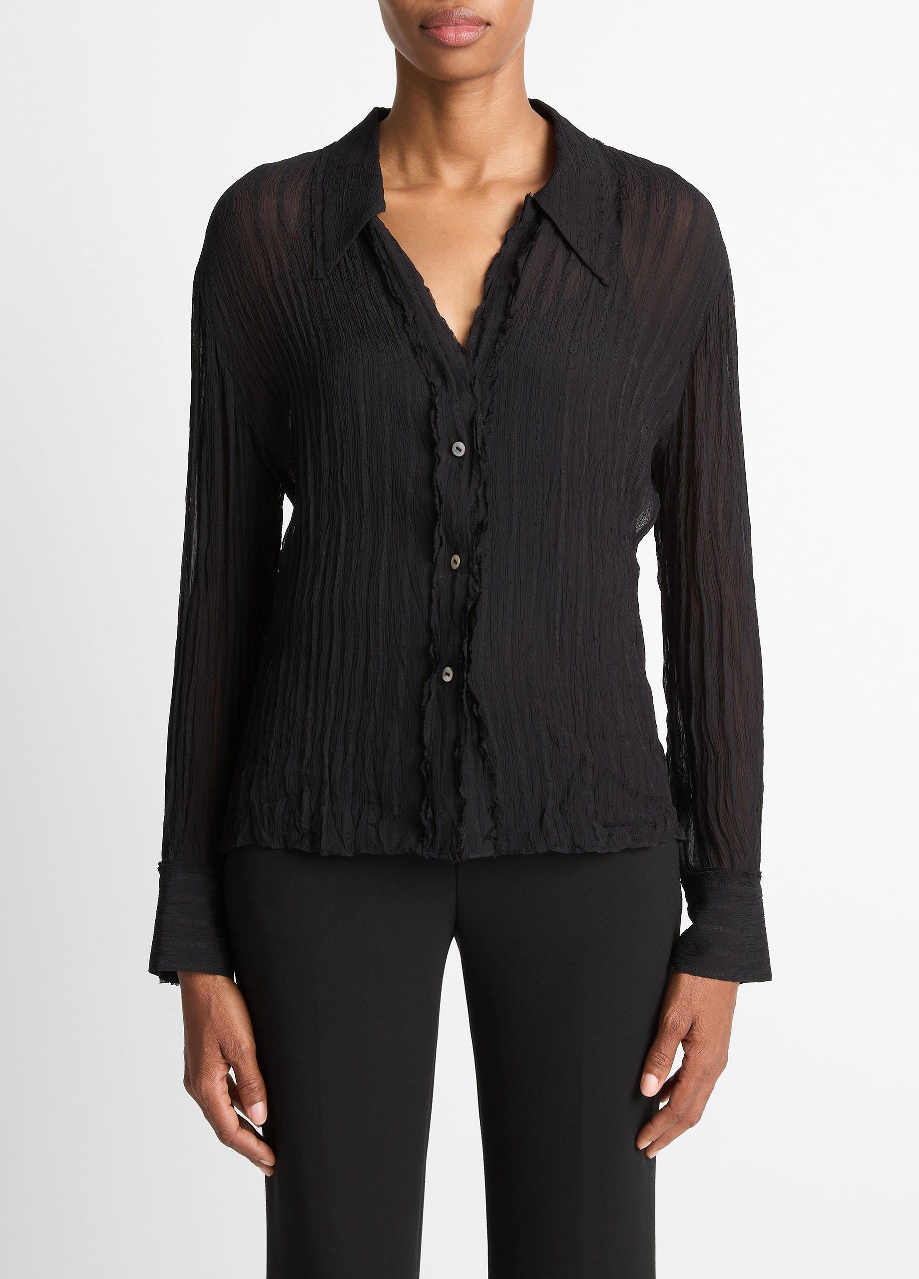 Women's Crushed Stripe Button-Front Shirt, Black, Size L Vince