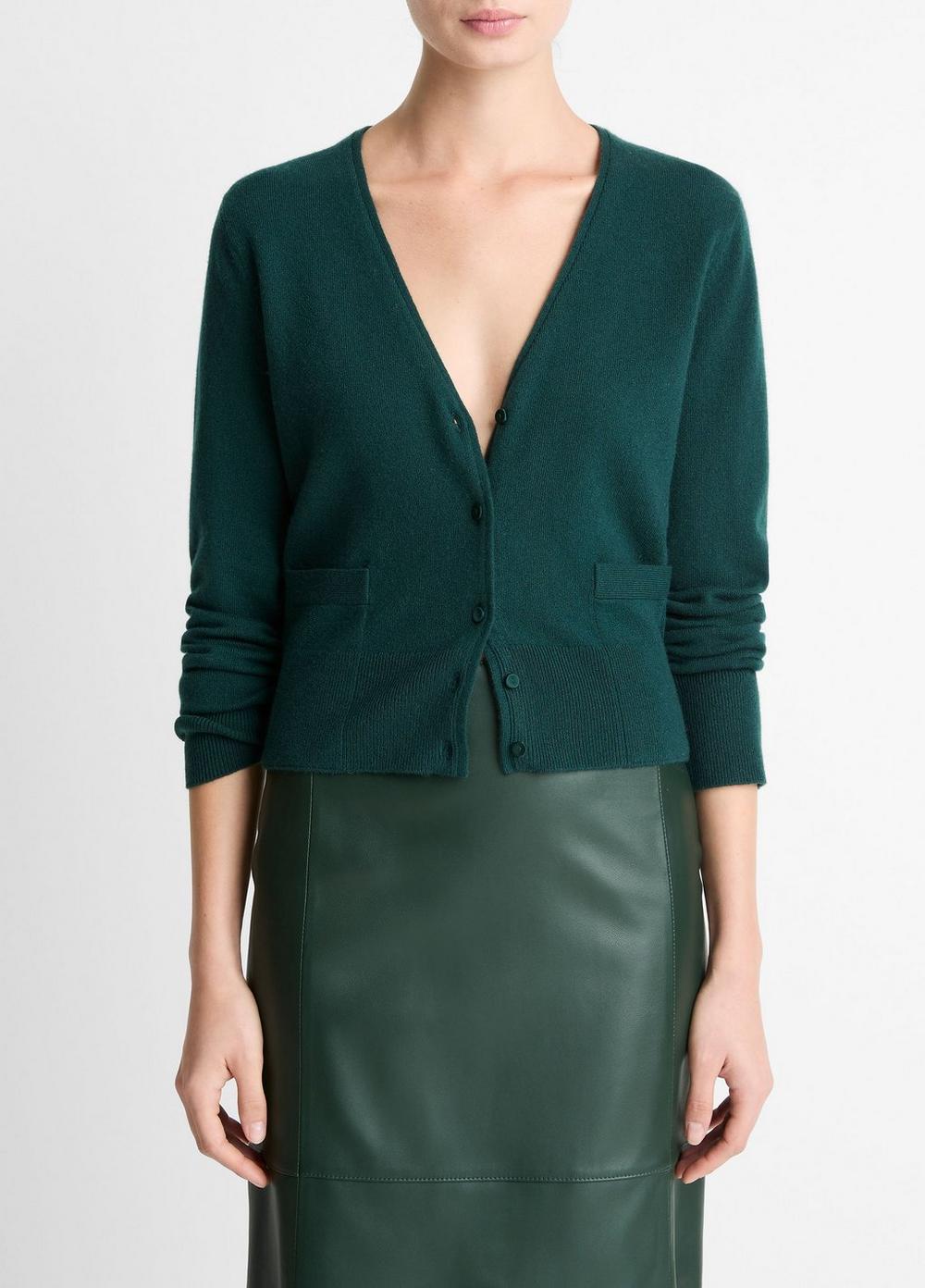 Women's Satin-Trim Wool & Cashmere-Blend Cardigan, Juniper, Size M Vince