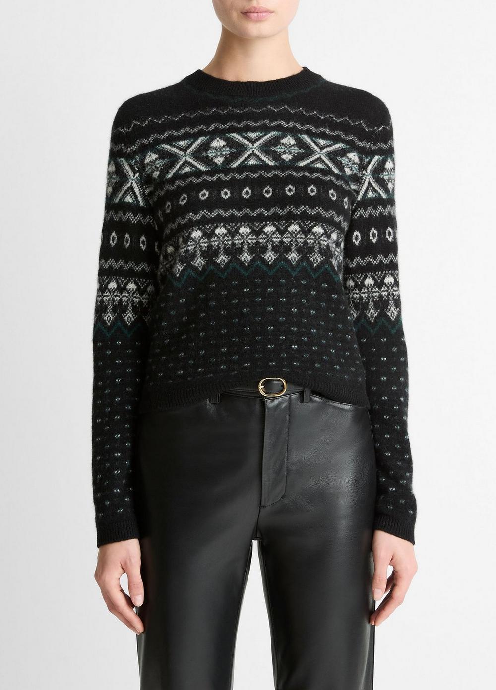 Women's Fair Isle Plush Cashmere Sweater, Black/white Combo, Size XL Vince