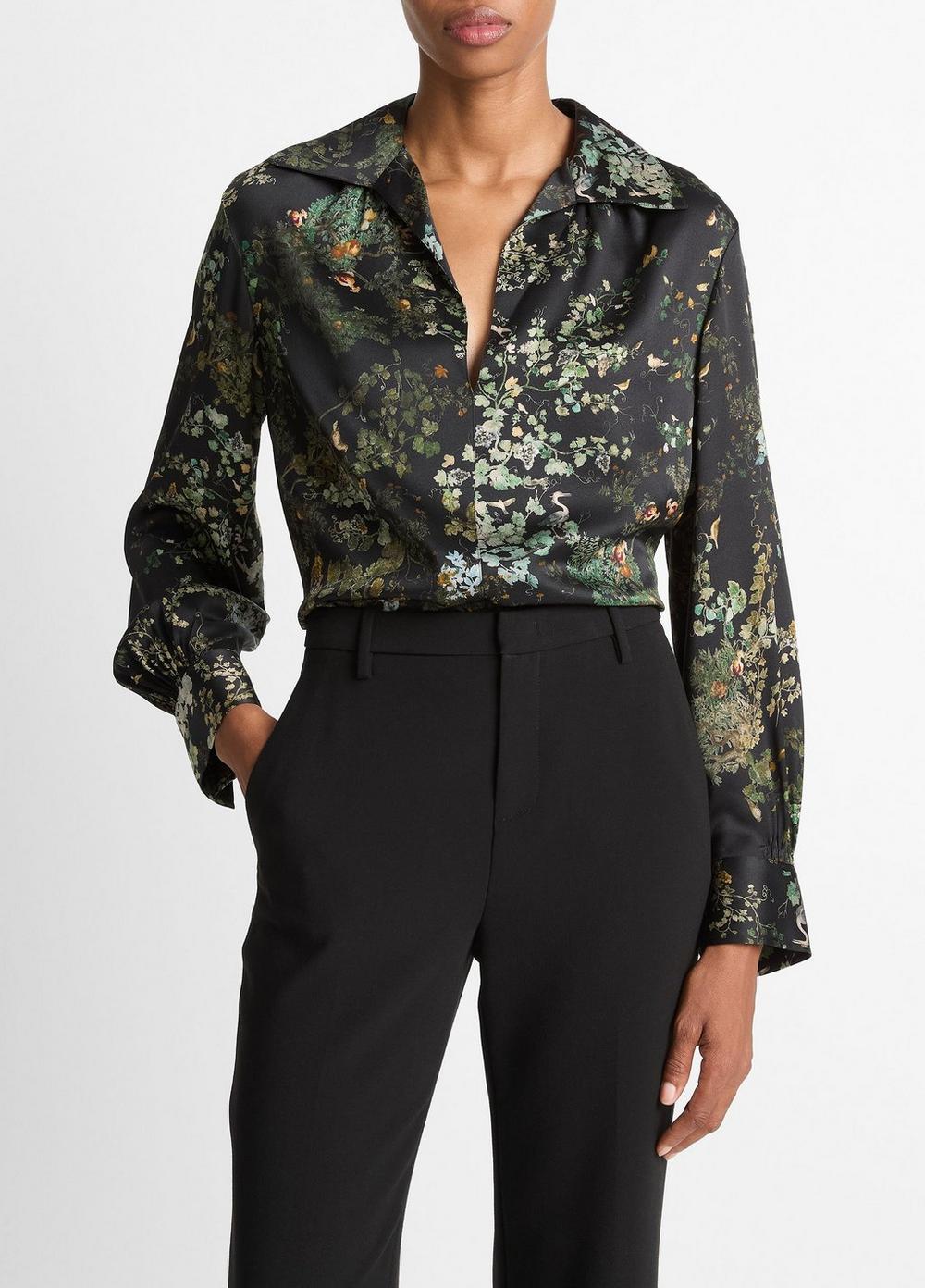 Women's Smocked Grape Vine Silk Long-Sleeve Blouse, Black Sky, Size L Vince
