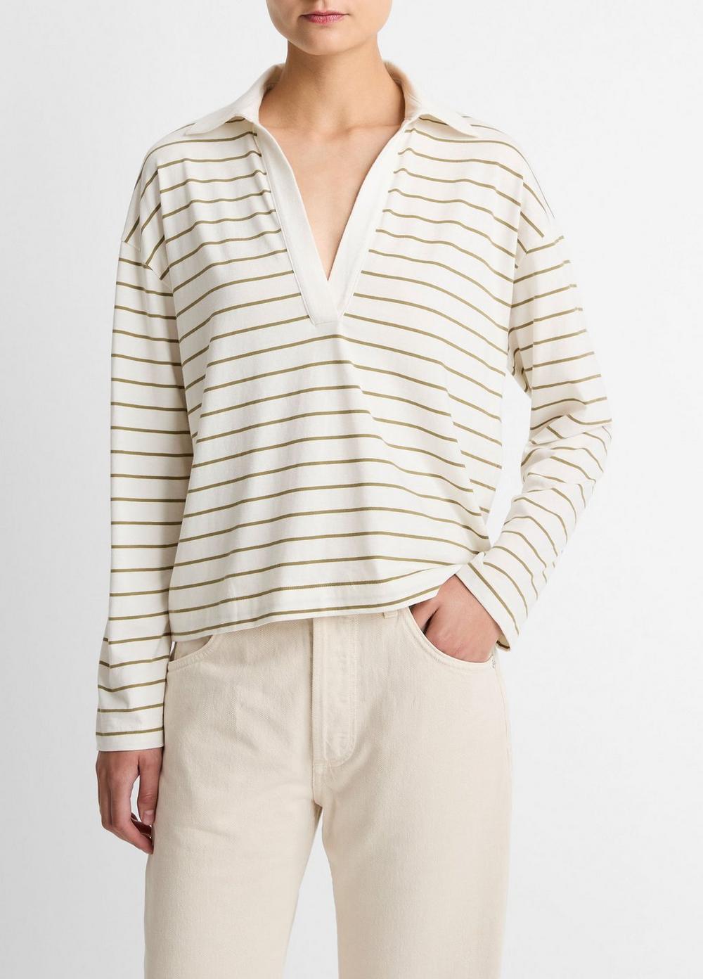 Women's Striped Cotton Long-Sleeve Polo Shirt, Olive Stone Combo, Size S Vince