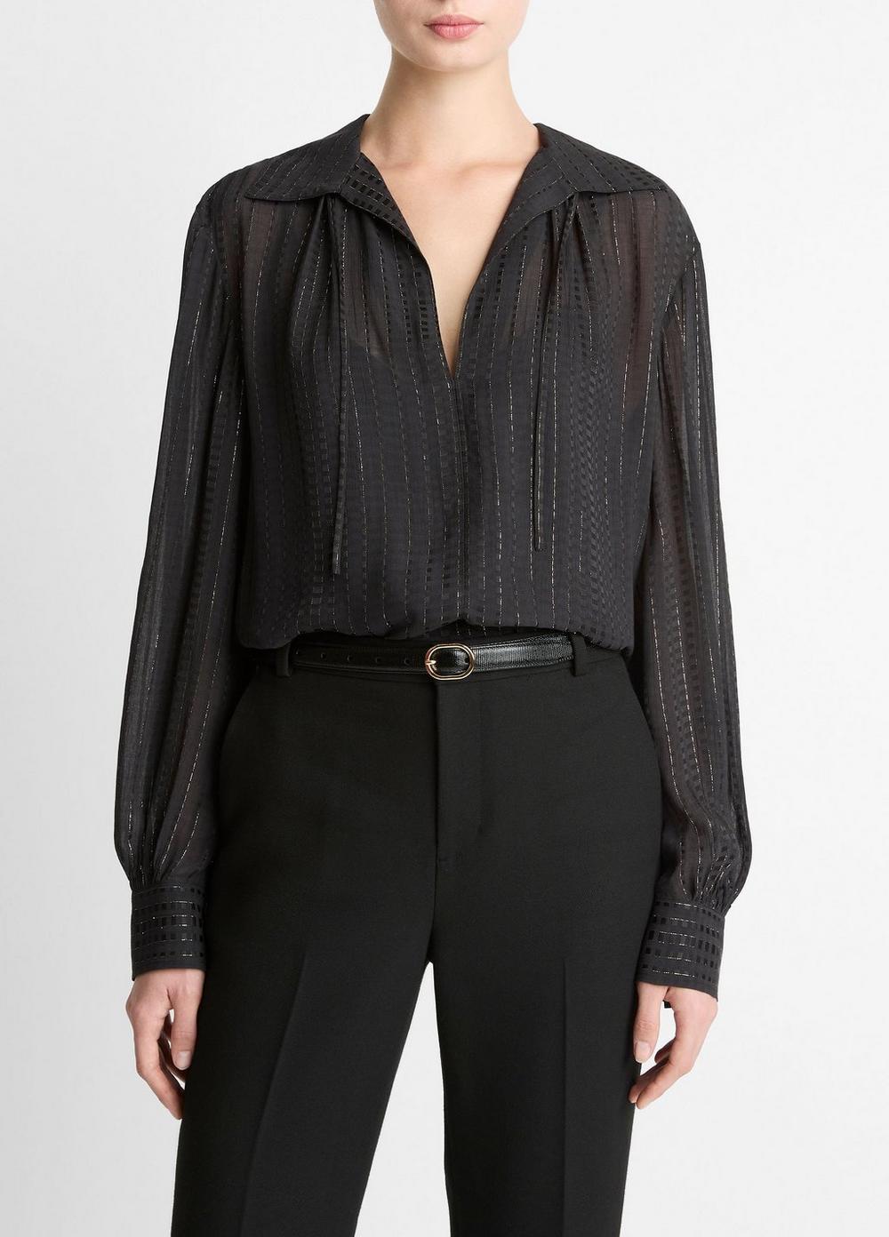 Women's Metallic-Stripe Gathered Blouse, Black, Size L Vince