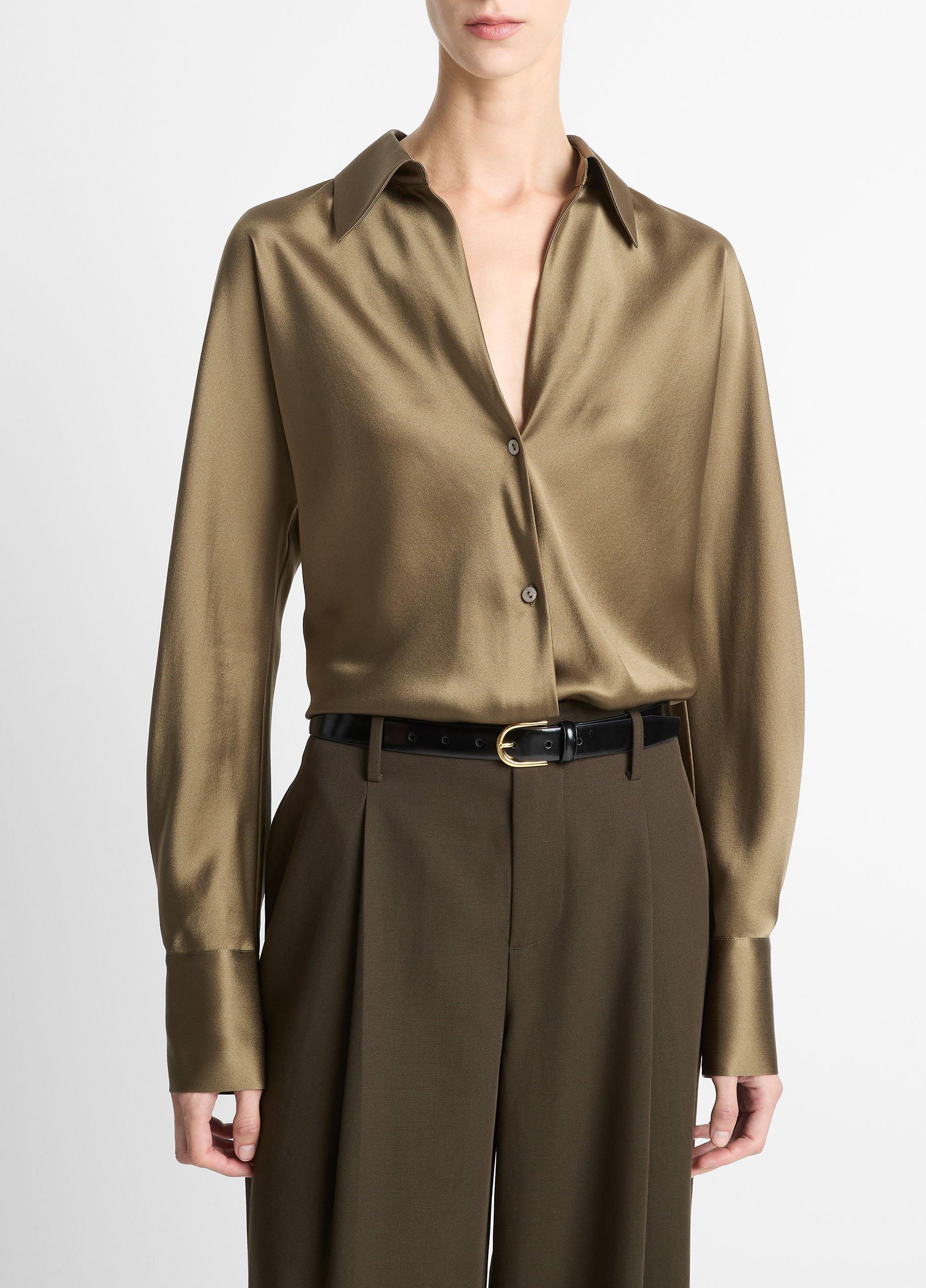 Women's Silk Bias Long-Sleeve Blouse, Cypress, Size XL Vince