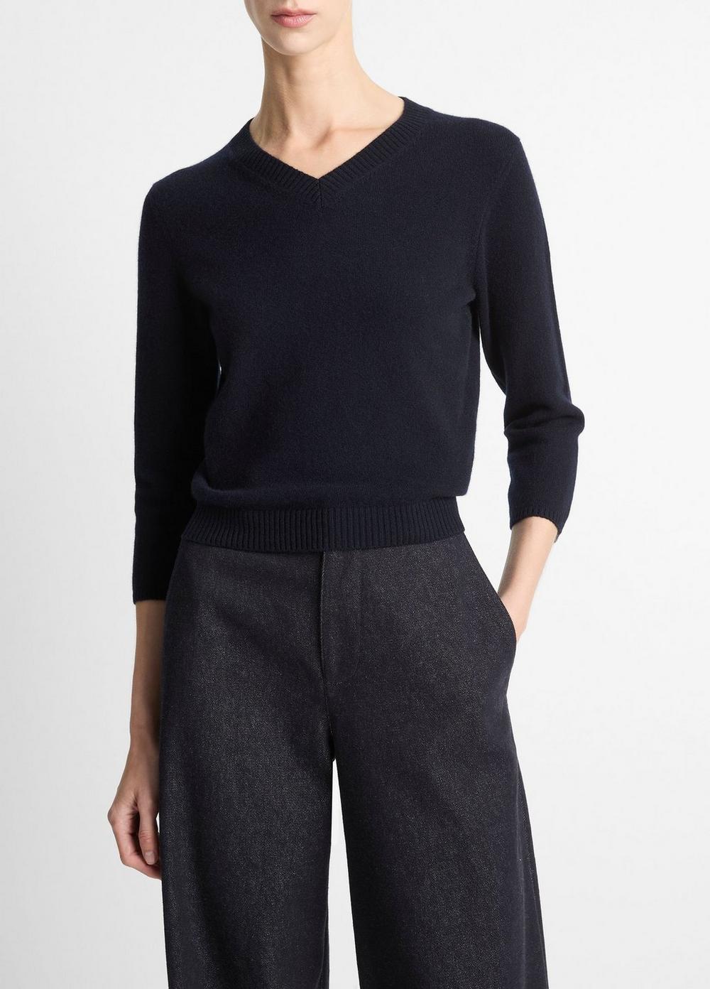 Women's Wool & Cashmere-Blend Three-quarter-Sleeve V-Neck Sweater, Coastal Blue, Size XXS Vince