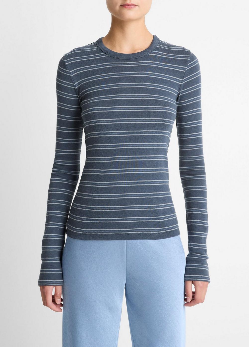 Women's Striped Pima Cotton-Blend Long-Sleeve T-Shirt, Azura Combo, Size XL Vince