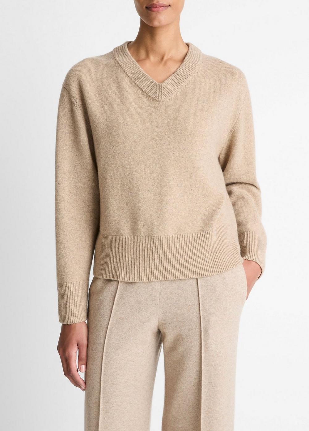 Women's Wool-Cashmere V-Neck Sweater, Heather Marzipan, Size L Vince