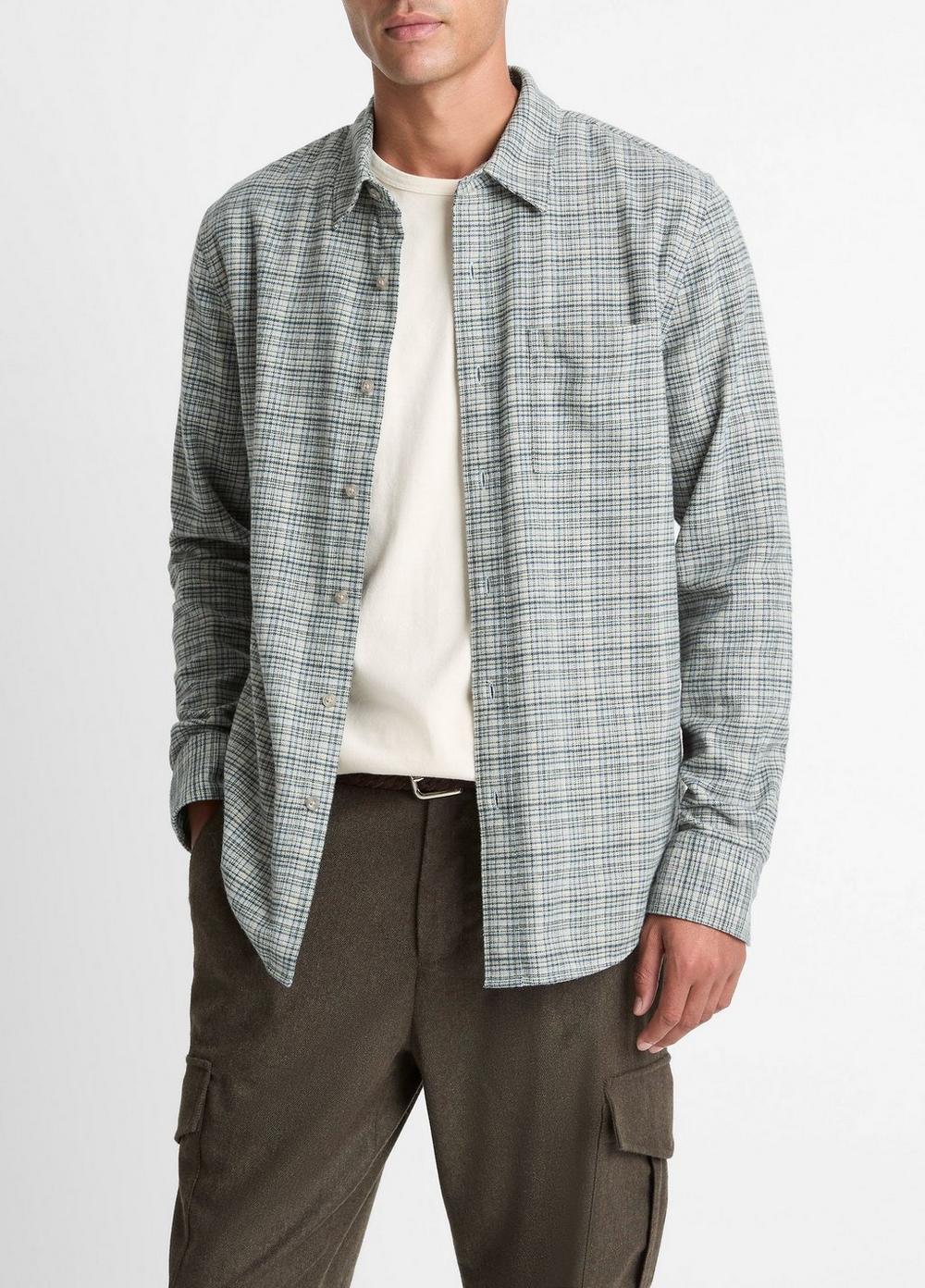 Men's Highclere Plaid Cotton Button-Front Shirt, Pistachio Combo, Size XL Vince