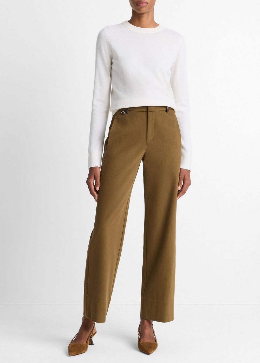 Women's Faux-Leather-Trim Italian Cotton Straight-Leg Pant, Olive Grove, Size 10 Vince