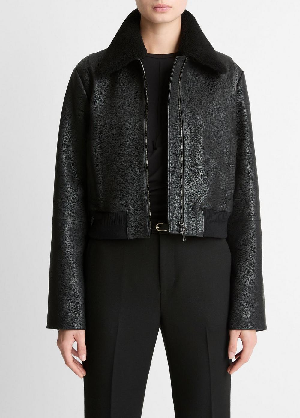 Women's Shearling-Trim Shrunken Leather Jacket, Black, Size S Vince