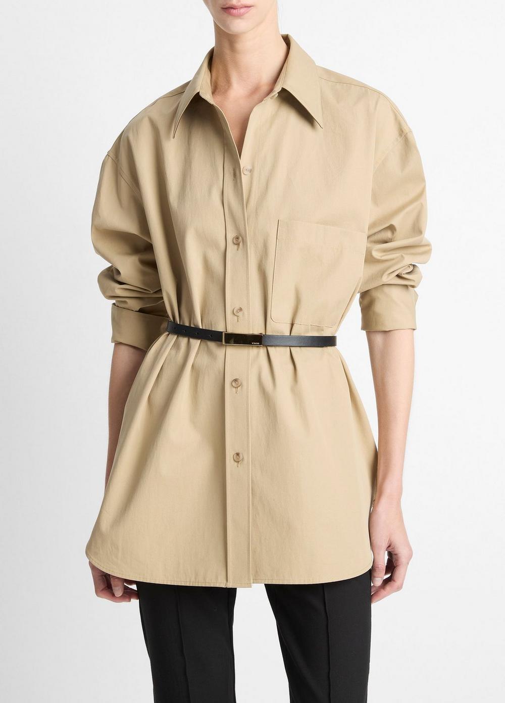 Women's Faux-Leather-Trim Italian Cotton Oversized Button-Front Shirt, Cobble Stone, Size M Vince