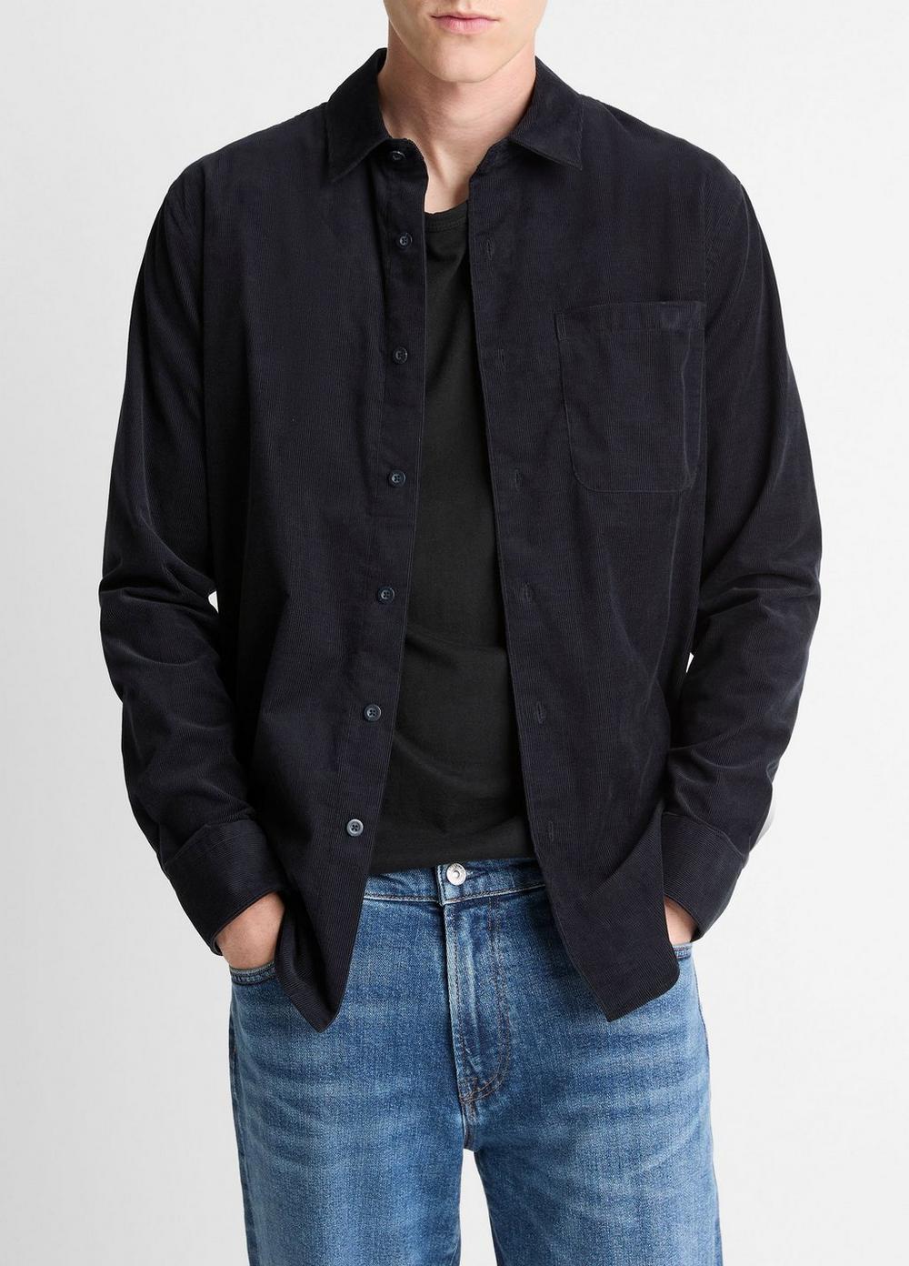 Men's Italian Cotton Corduroy Button-Front Shirt, Coastal Blue, Size L Vince