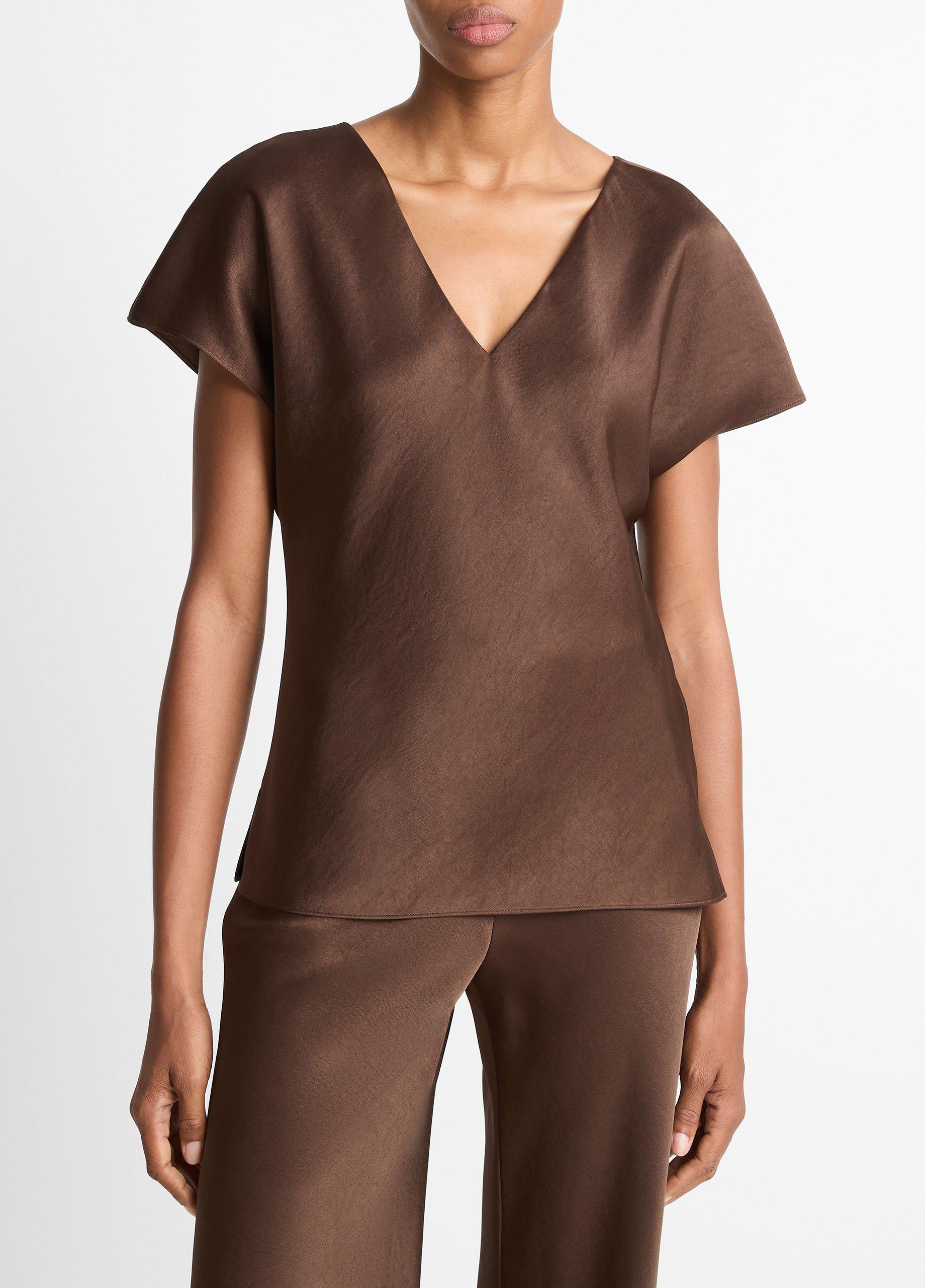 Women's Satin V-Neck Blouse, Espresso, Size M Vince