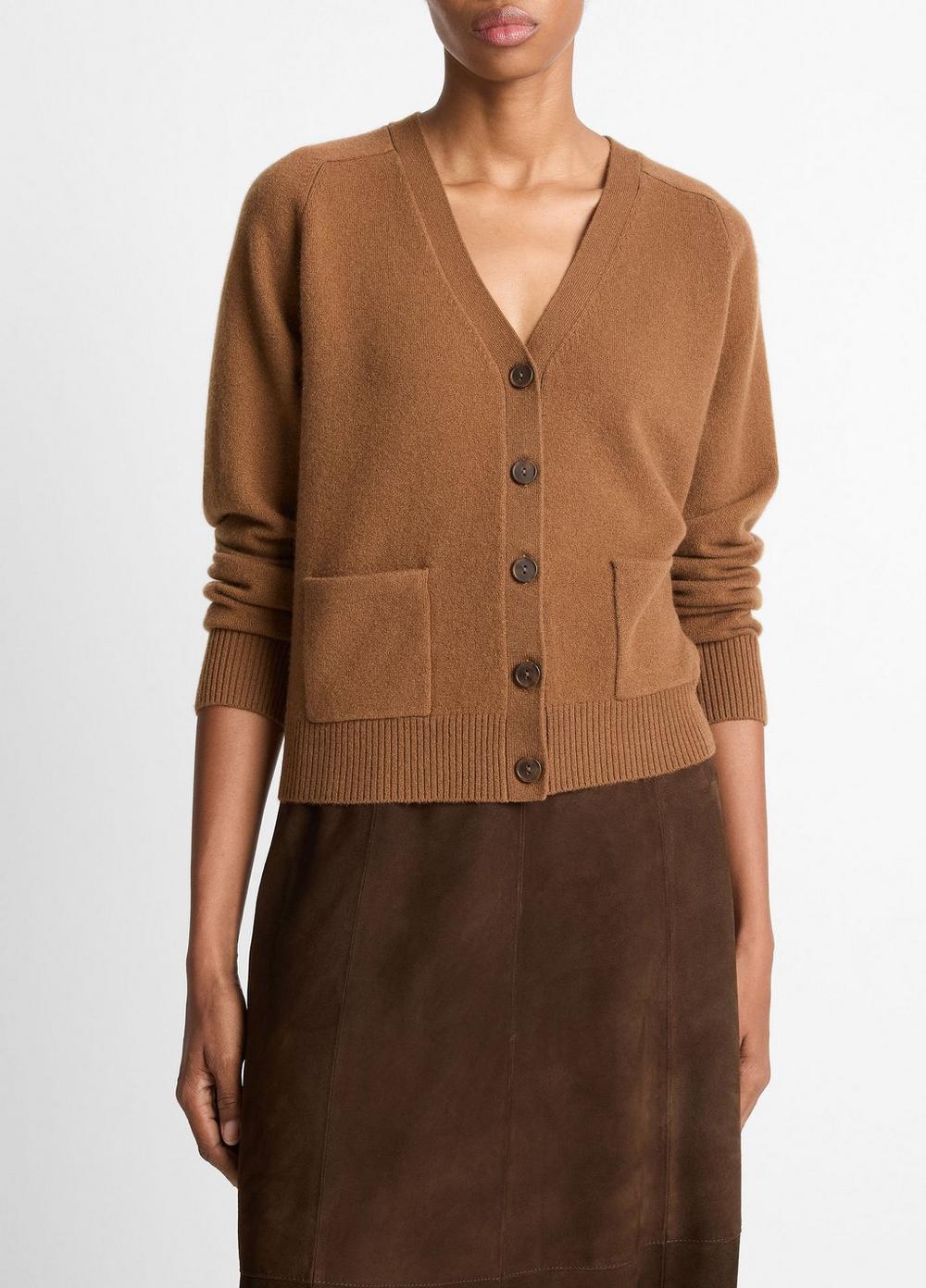 Women's Wool & Cashmere-Blend Pocket V-Neck Cardigan, Cognac, Size M Vince