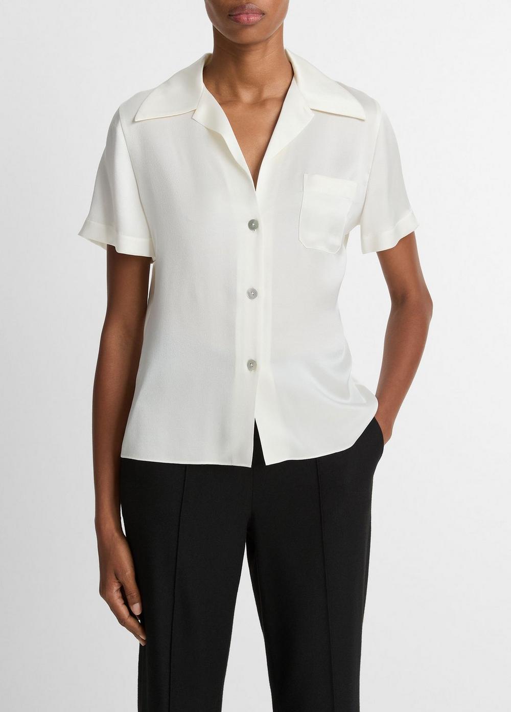 Women's Silk Short-Sleeve Button-Front Shirt, Off White, Size XL Vince