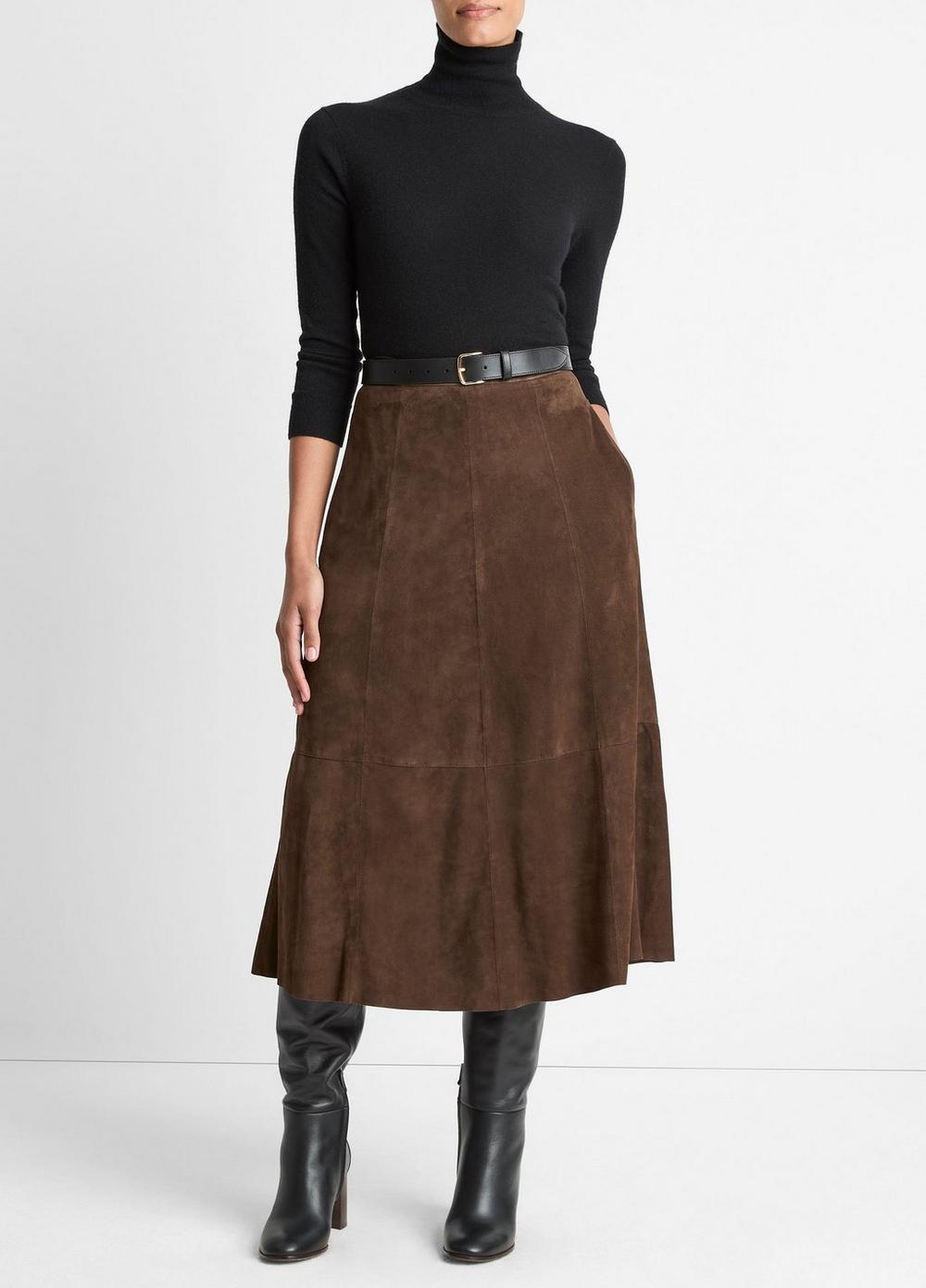Women's Suede Mid-Rise Flared Skirt, Deep Espresso, Size 0 Vince