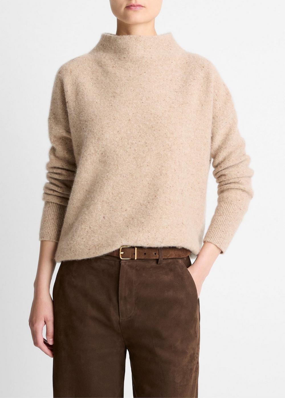 Women's Donegal Cashmere Funnel-Neck Sweater, Heather Oat Donegal, Size XL Vince
