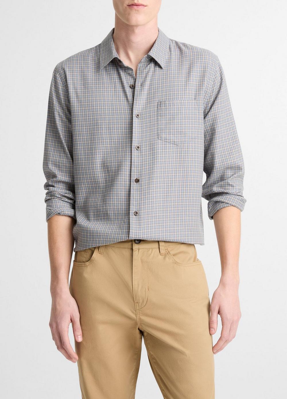 Men's Genesse Plaid Cotton-Blend Button-Front Shirt, Steel Blue Combo, Size M Vince