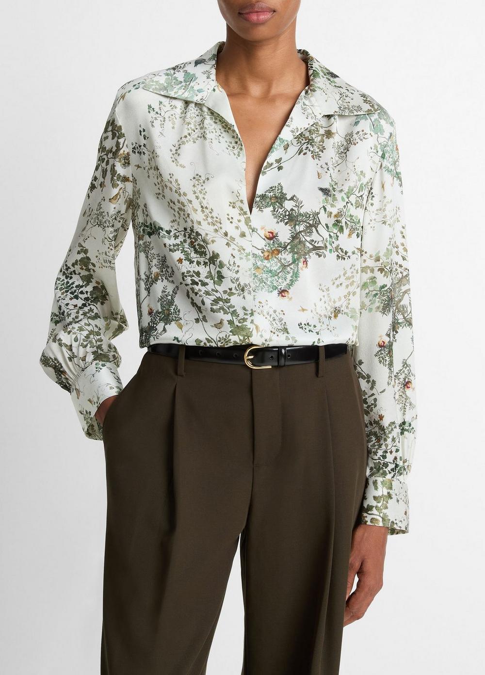 Women's Smocked Grape Vine Silk Long-Sleeve Blouse, Cream Fresco, Size XS Vince