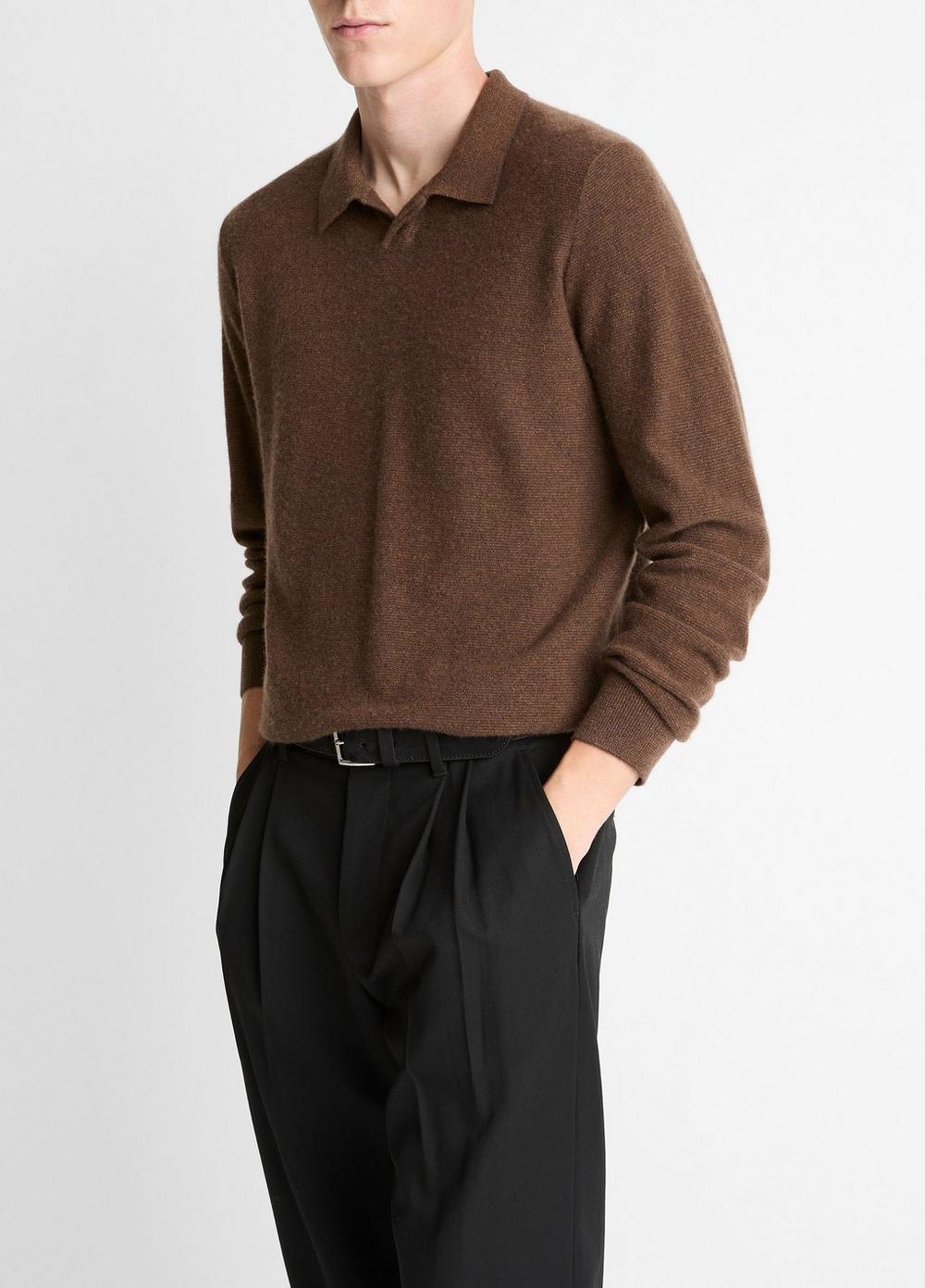 Men's Feed Stripe Plush Cashmere Johnny-Collar Sweater, Mission/dark Heather Bearpaw, Size M Vince