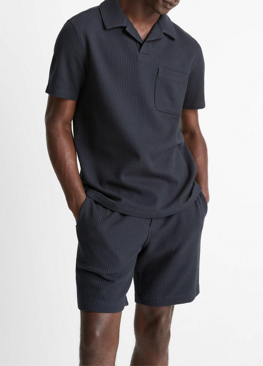 Men's Seersucker-Knit Stretch-cotton Short-Sleeve Johnny-Collar Shirt, Coastal Blue, Size XS Vince by Vince