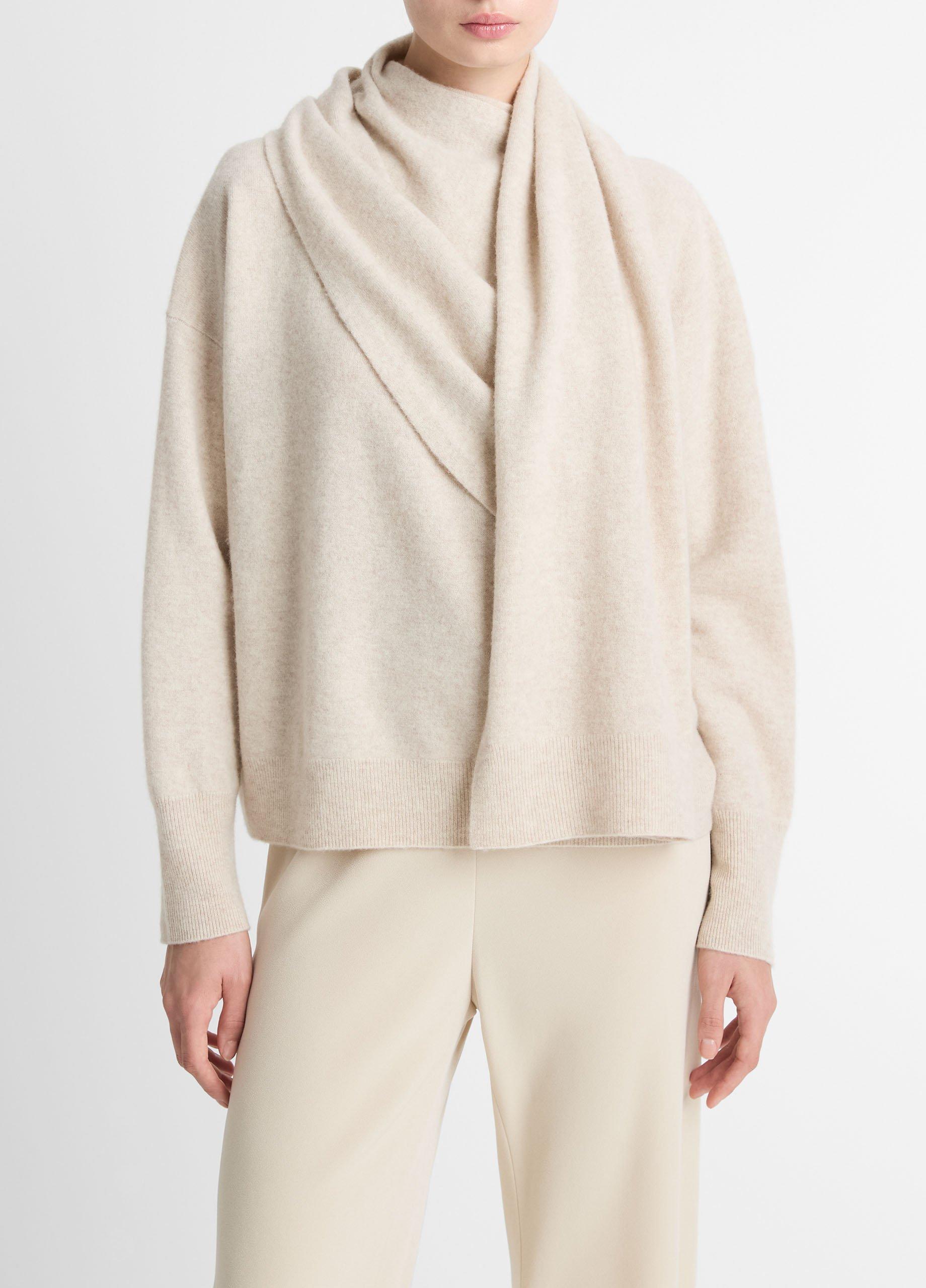 Women's Draped-shawl Wool-Cashmere Sweater, Heather Dove Oat, Size XL Vince