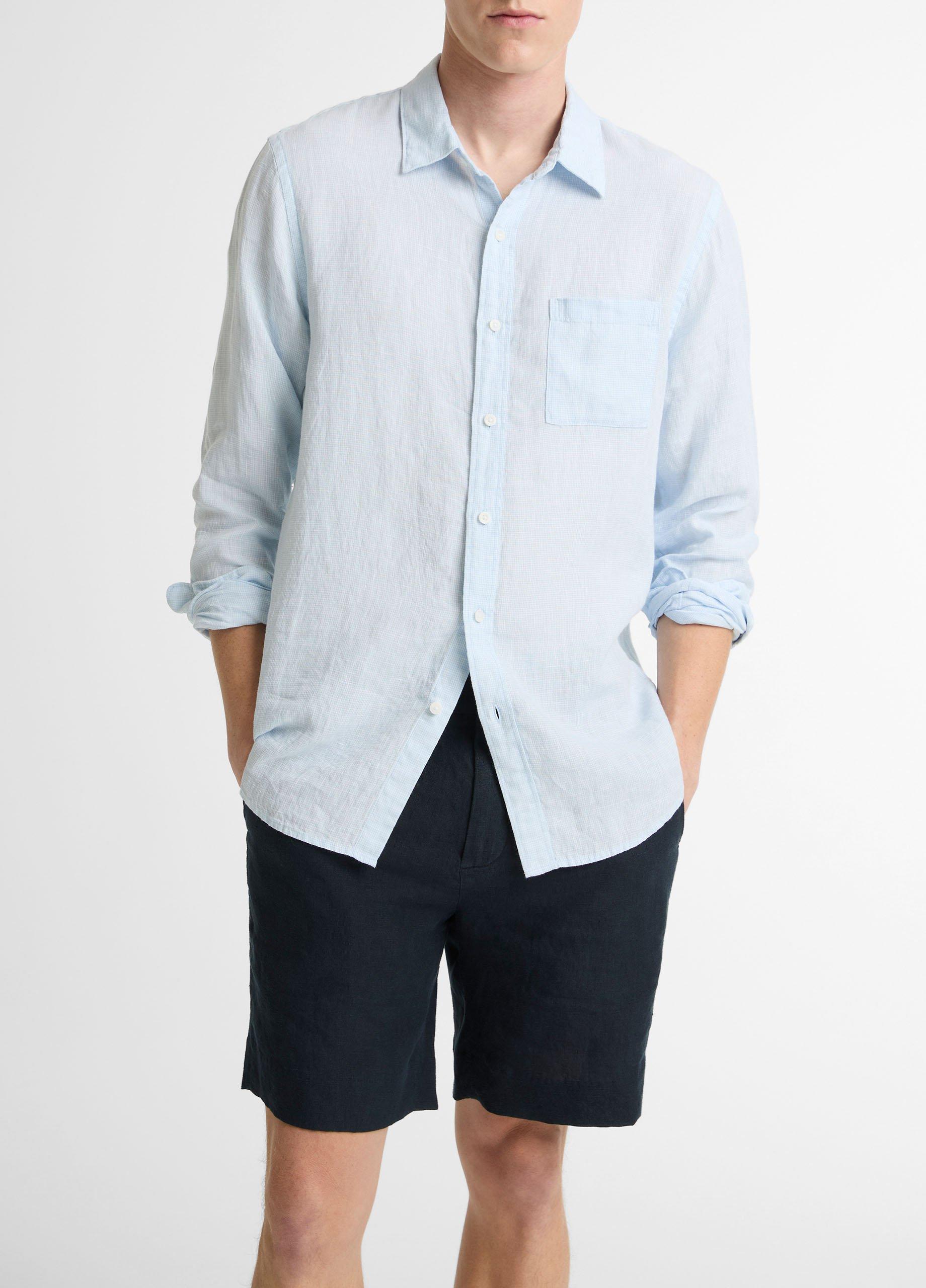 Men's Houndstooth Linen Button-Front Shirt, Rainwater/optic White, Size XS Vince