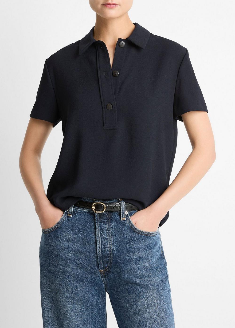 Women's Crepe Polo Shirt, Coastal Blue, Size S Vince